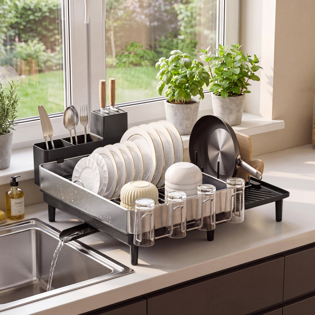 LEDREM Expandable Dish Drainer Rack, Kitchen Counter Dish Rack, with Rotatable Spout, Utensil Holder, Stainless Steel, Black