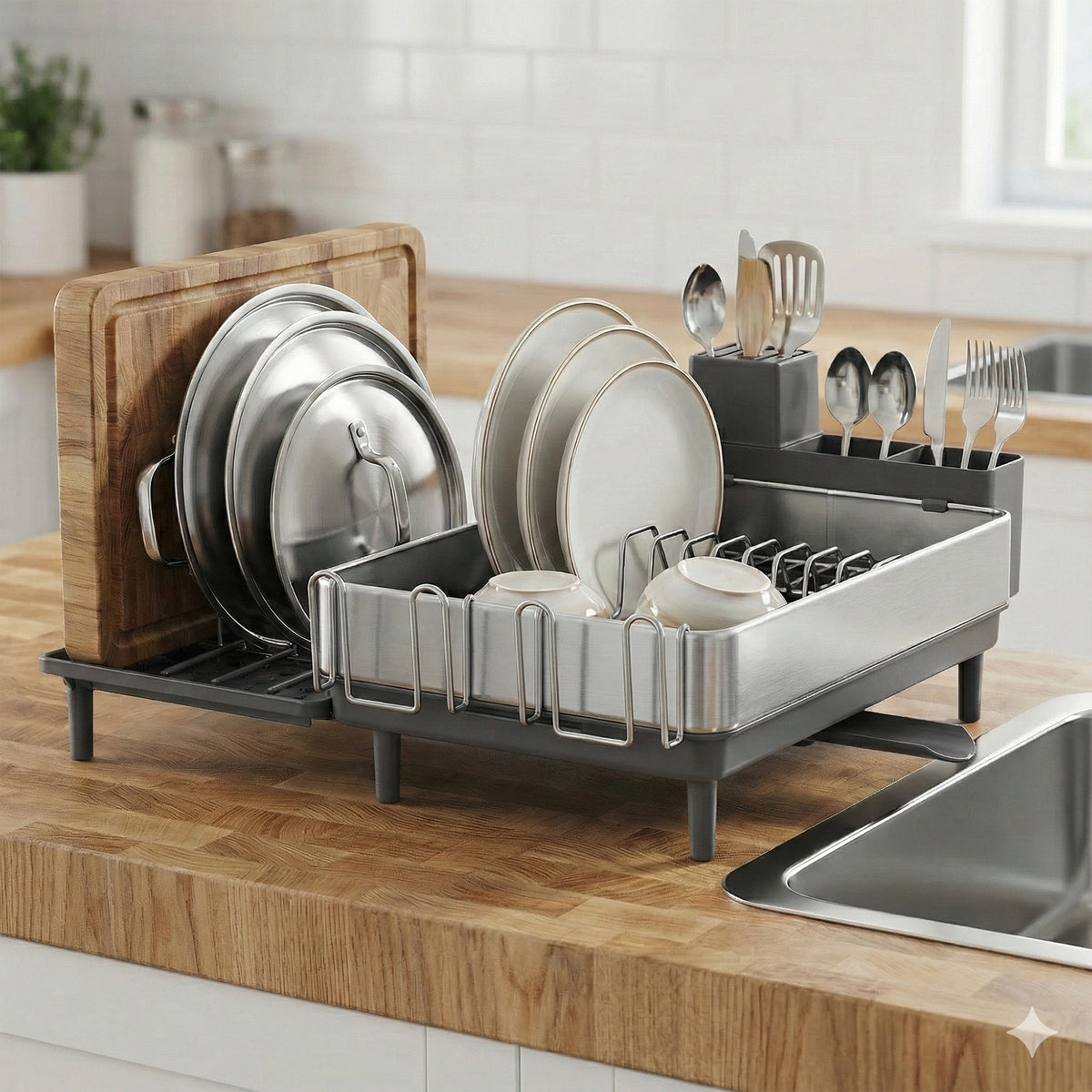 LEDREM Dish Drying Rack, Expandable Stainless Steel with Rotatable Spout, 20.4 x 21.6 x 9.4 inches, Silver and Gray