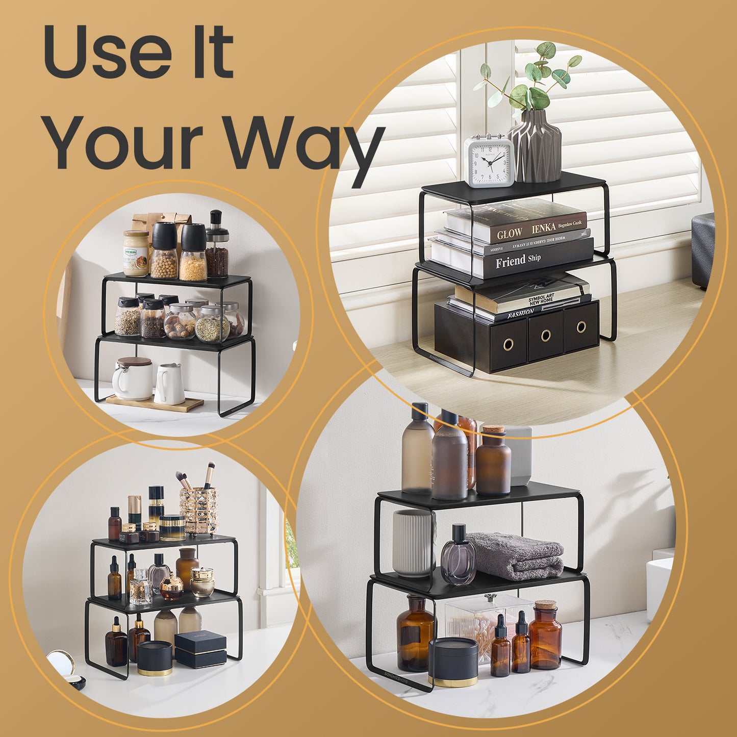 2-Tier Bamboo Shelf Organizer - Stackable Kitchen Storage Rack, Adjustable Layout, 22-24lb Capacity, Multi-Purpose, Ink Black