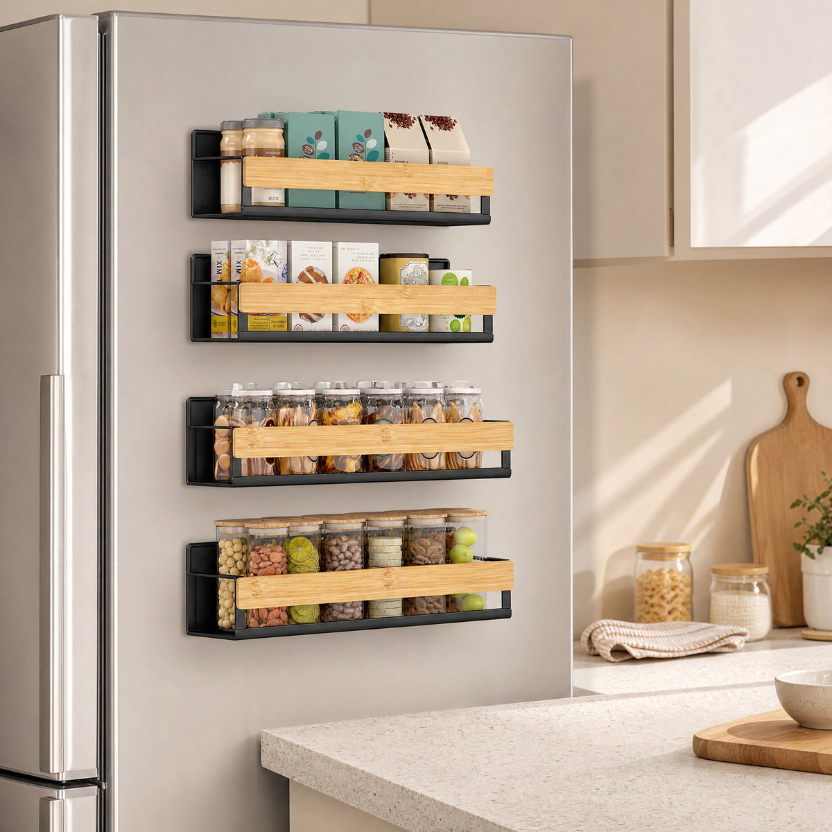 LEDREM Magnetic Spice Rack, 4 Pack, Magnetic Shelves for Fridge, Kitchen Organizer Shelf, Black