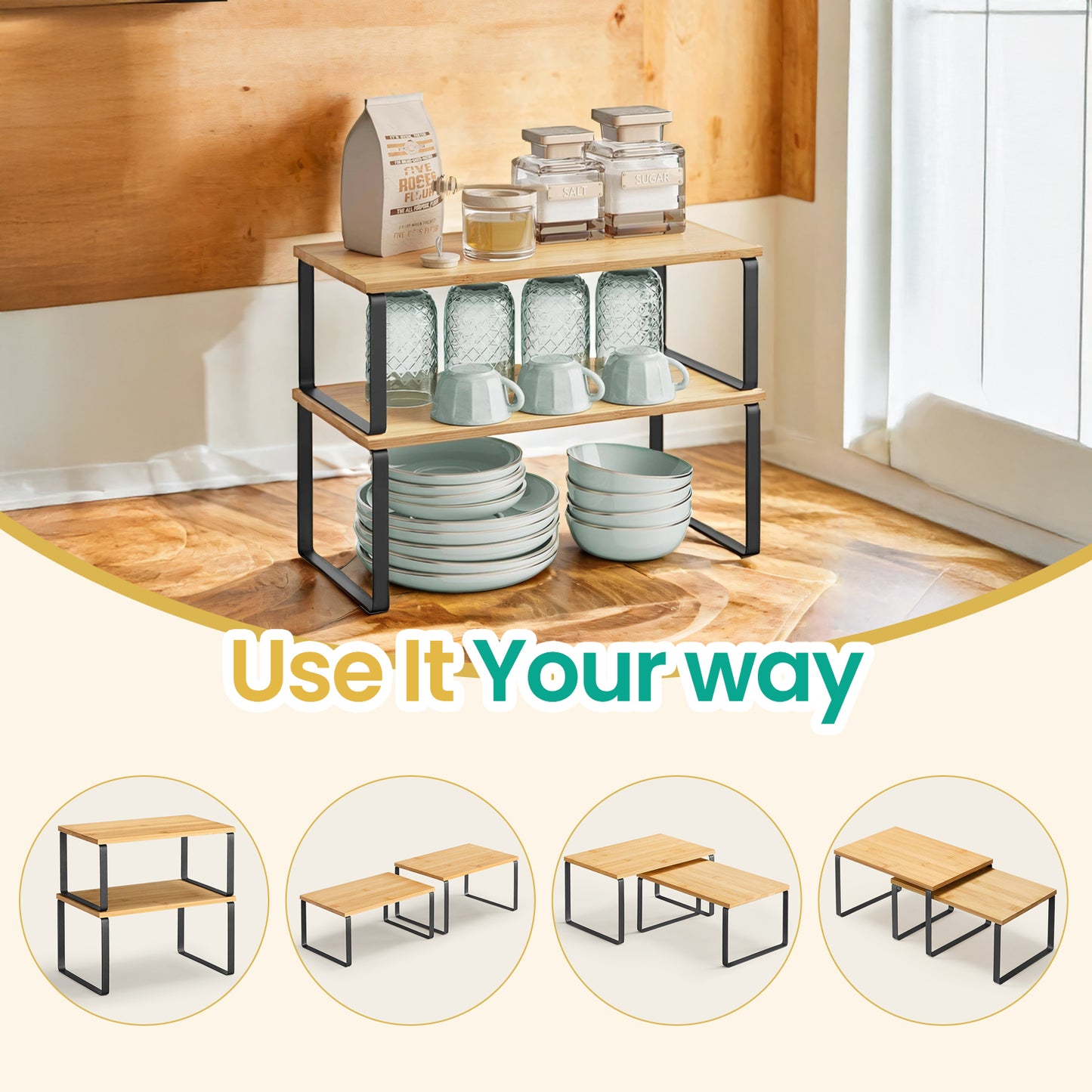 2-Pack Adjustable Kitchen Shelves - Stackable Organizer Rack, 33lb Capacity, Multi-Configurable, Ink Black and Natural Beige