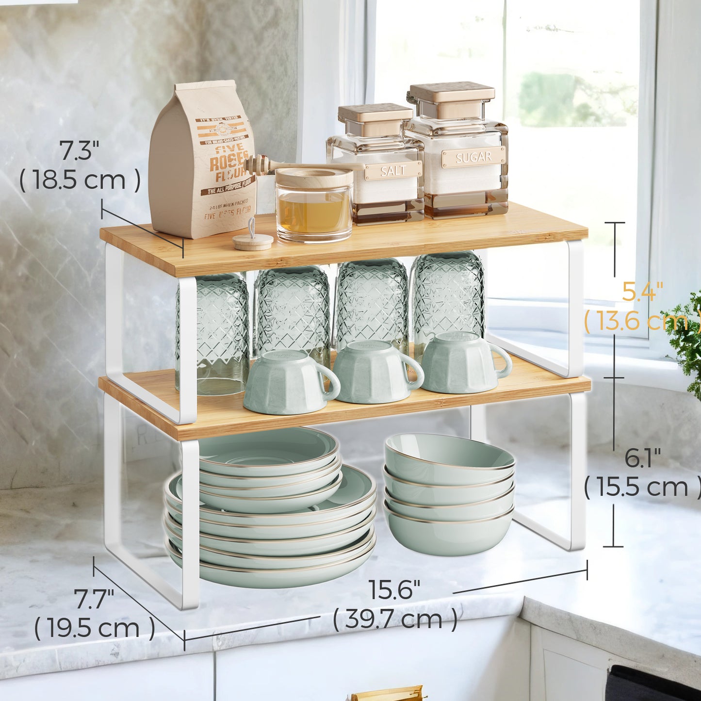 2-Pack Adjustable Kitchen Shelf Organizers - Stackable, Expandable Storage Rack for Spices, 33lb Capacity, Cloud White and Natural Beige