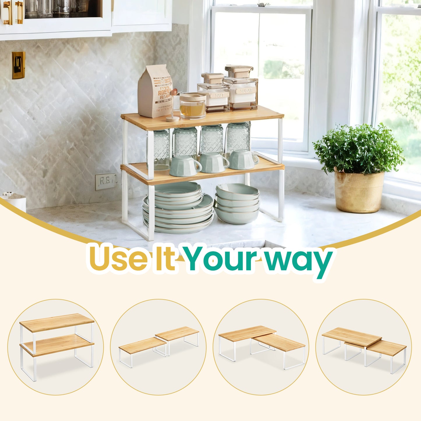 2-Pack Adjustable Kitchen Shelf Organizers - Stackable, Expandable Storage Rack for Spices, 33lb Capacity, Cloud White and Natural Beige