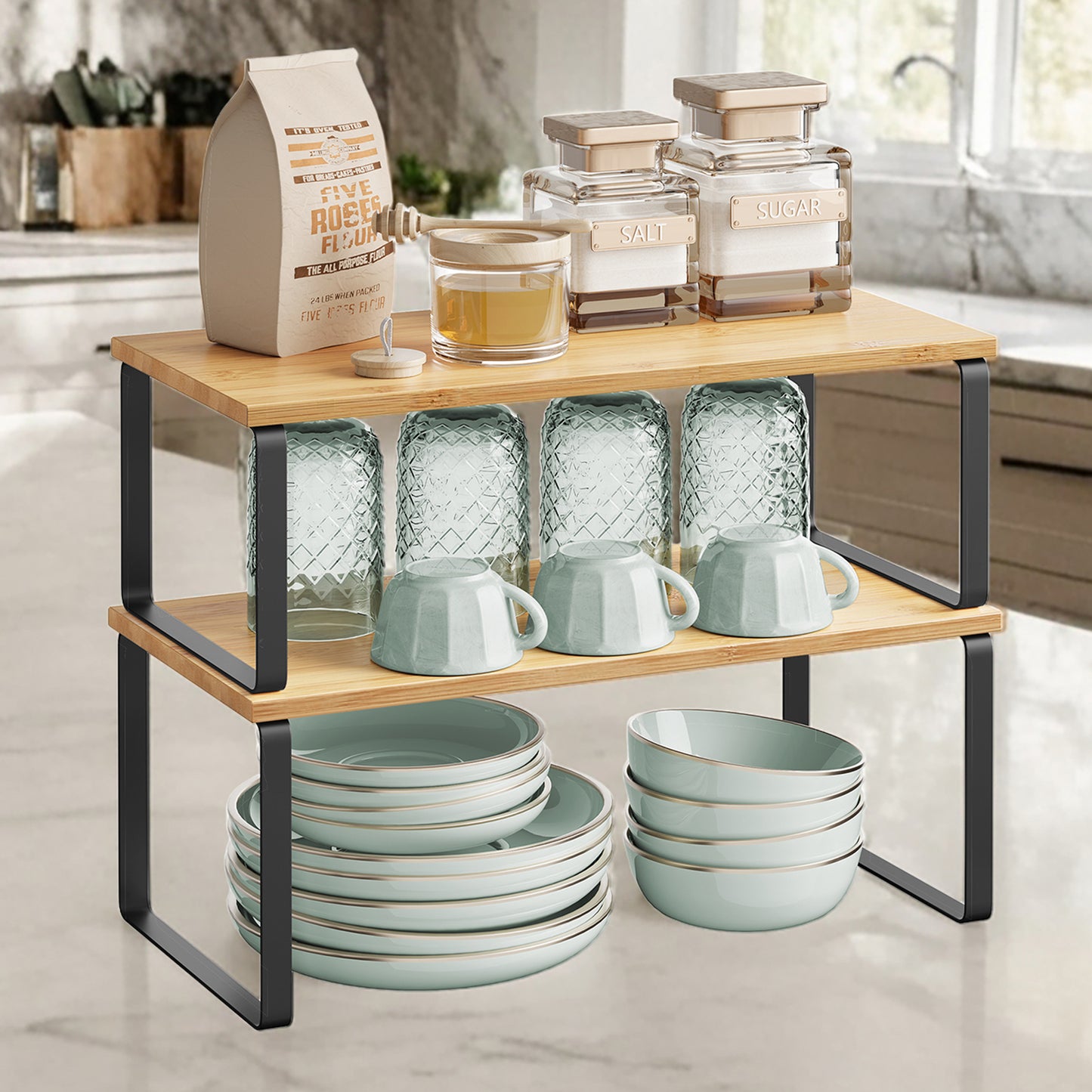 4-Pack Kitchen Organizer Shelves - Stackable, 33lb Capacity, Adjustable Storage Rack, Metal/Wood, Ink Black and Natural Beige