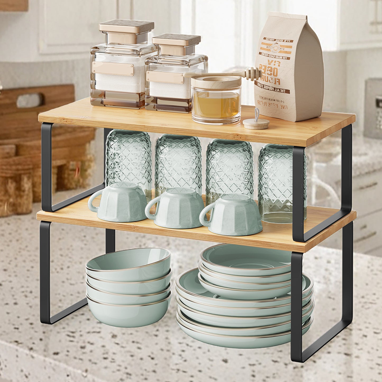 4-Pack Kitchen Organizer Shelves - Stackable, 33lb Capacity, Adjustable Storage Rack, Metal/Wood, Ink Black and Natural Beige