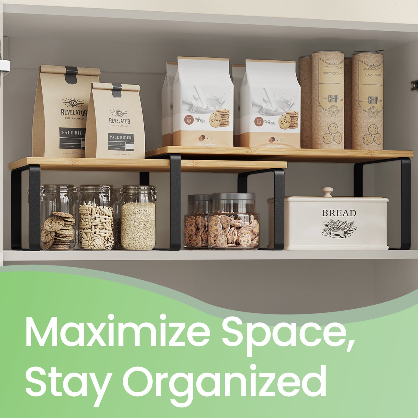 4-Pack Kitchen Organizer Shelves - Stackable, 33lb Capacity, Adjustable Storage Rack, Metal/Wood, Ink Black and Natural Beige