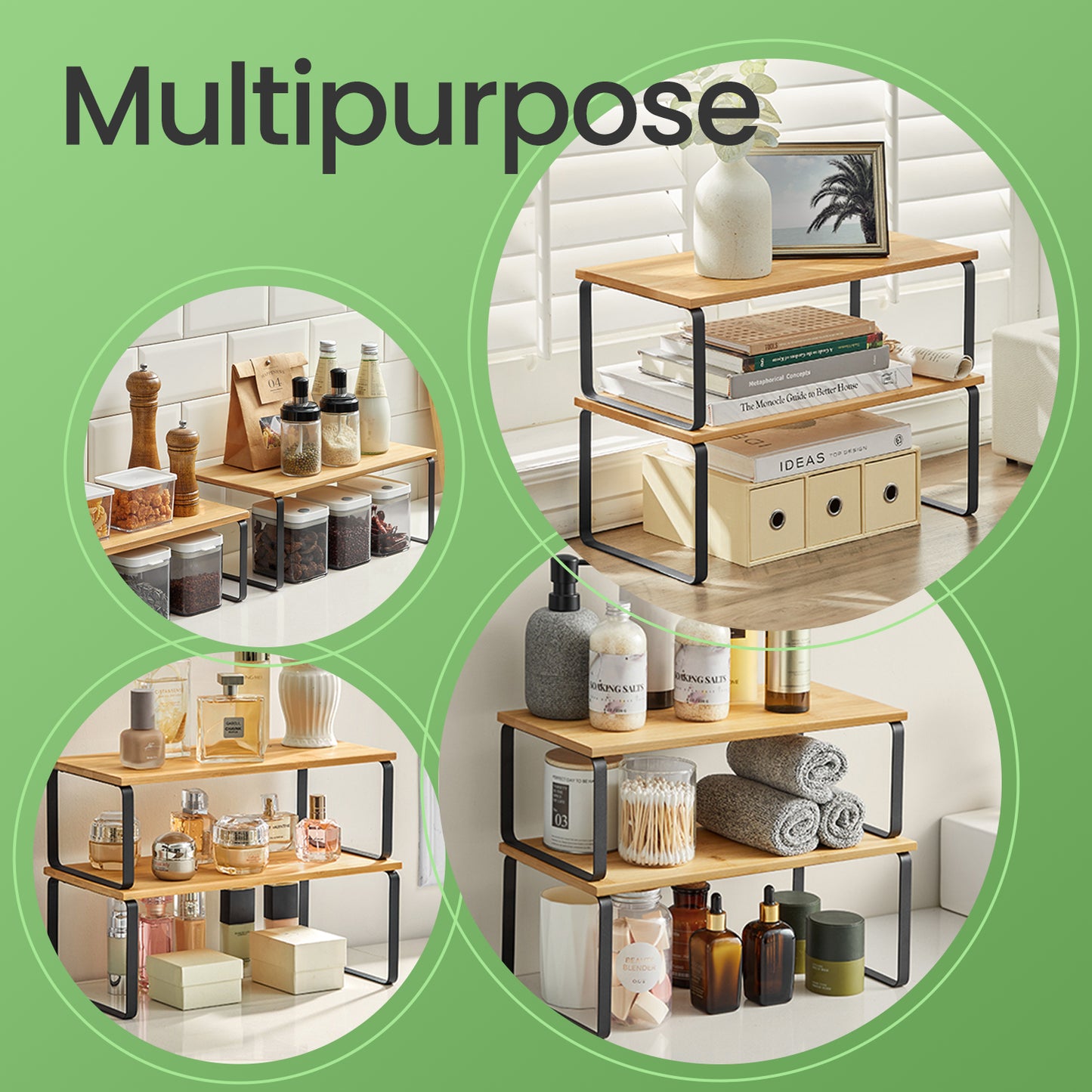 4-Pack Kitchen Organizer Shelves - Stackable, 33lb Capacity, Adjustable Storage Rack, Metal/Wood, Ink Black and Natural Beige