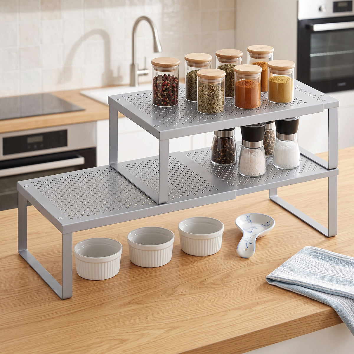 LEDREM Kitchen Counter Shelves, Set of 2, Extendable Cupboard Organizers, Spice Racks, Steel, Space-Saving, Gray