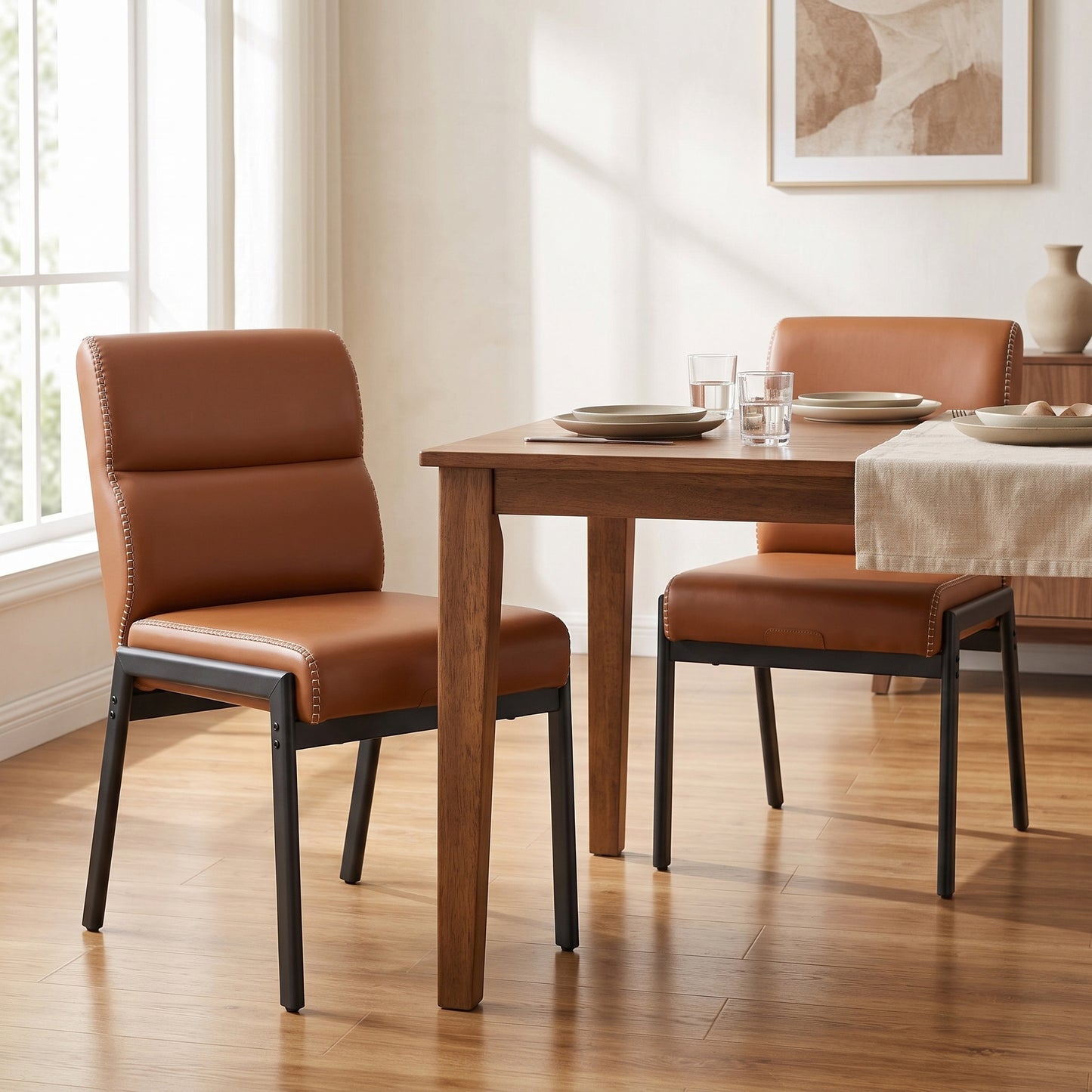 Dining Chairs Set of 2, Retro PU Leather Upholstered with Side Pocket, 18.9 x 23.6 x 33.3 Inches, Brown