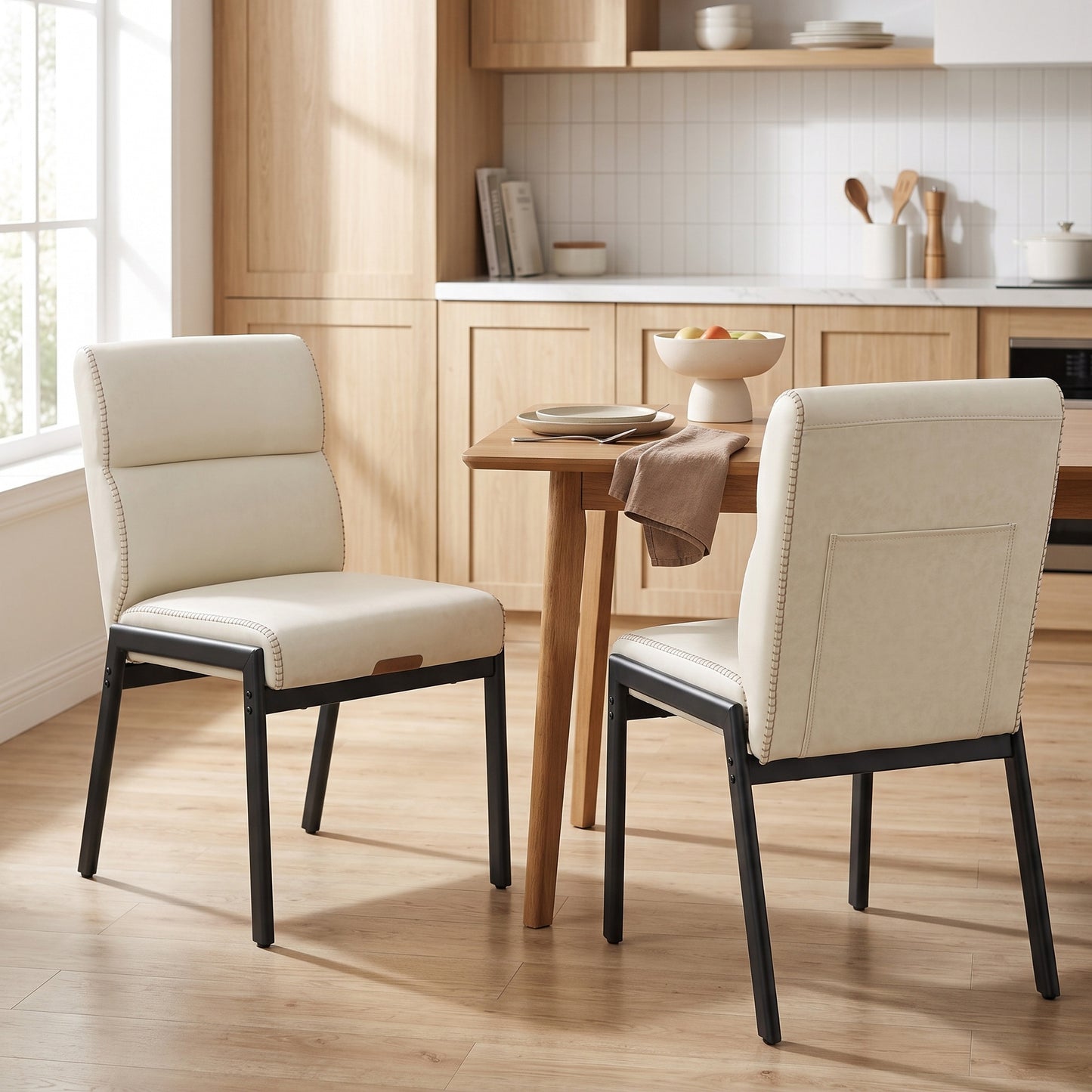 Dining Chairs Set of 2, Retro PU Leather Upholstered with Side Pocket, 18.9 x 23.6 x 33.3 Inches, White