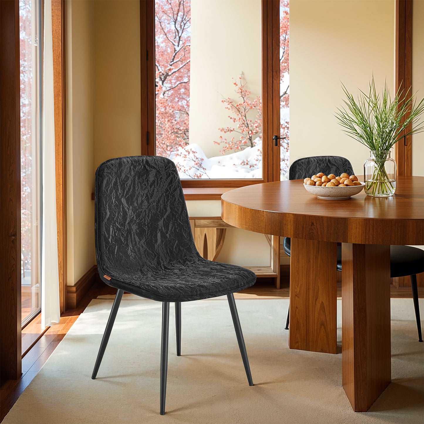 LEDREM Set of 4 Dining Chairs, Ergonomic Dining Room Kitchen Chairs, Metal Frame, Adjustable Feet, Glacier-Textured PU Leather, Ink Black, Easy to Clean