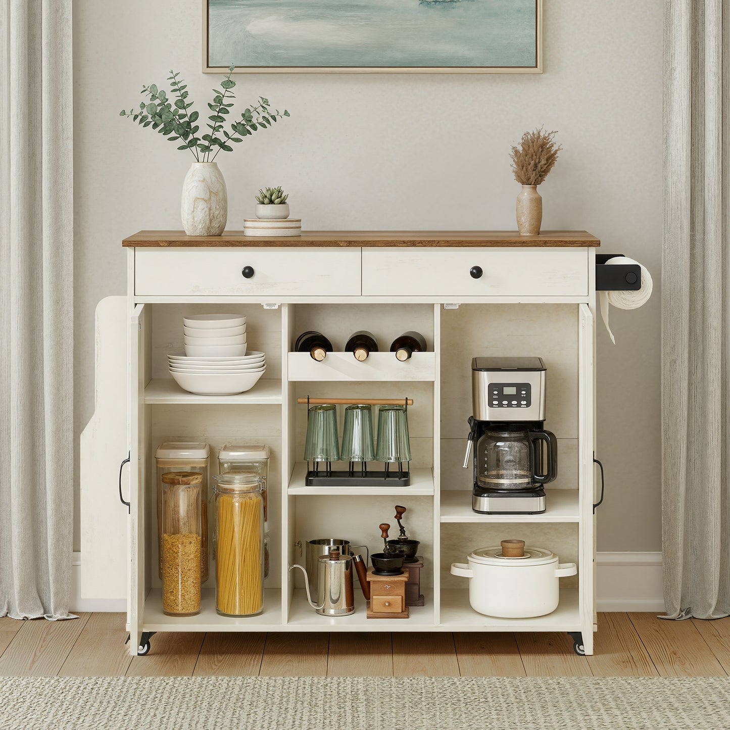 Kitchen Island Cart with Barn Doors and Drawers, Farmhouse Rolling Cabinet, 49.1 x (17.7-28.7) x 36 Inches, White and Tan