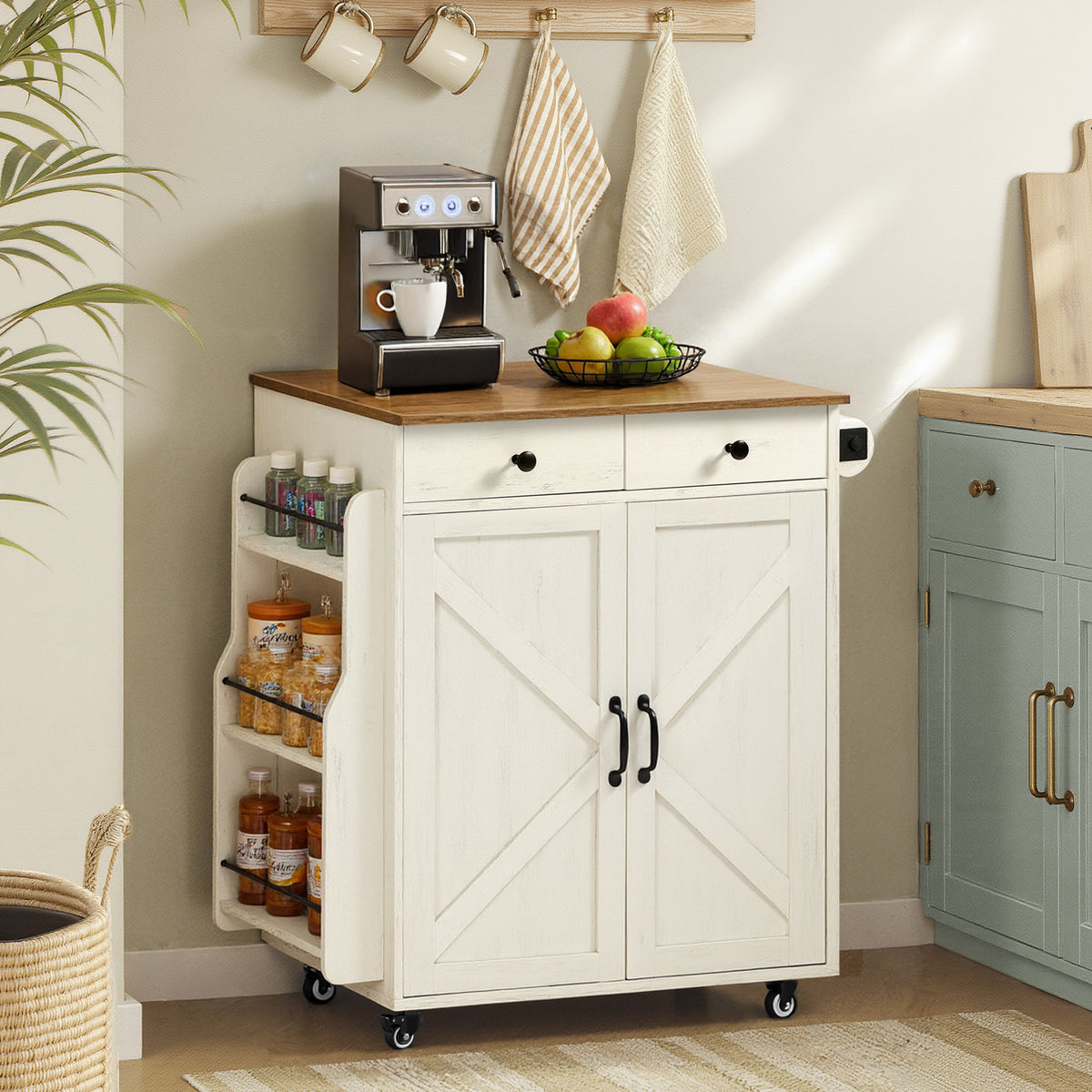 Mobile Kitchen Island, Portable Cart with Spice Rack, Storage Cabinet, 5-Level Adjustable Shelf, for Dining Room, Rustic White and Honey Brown