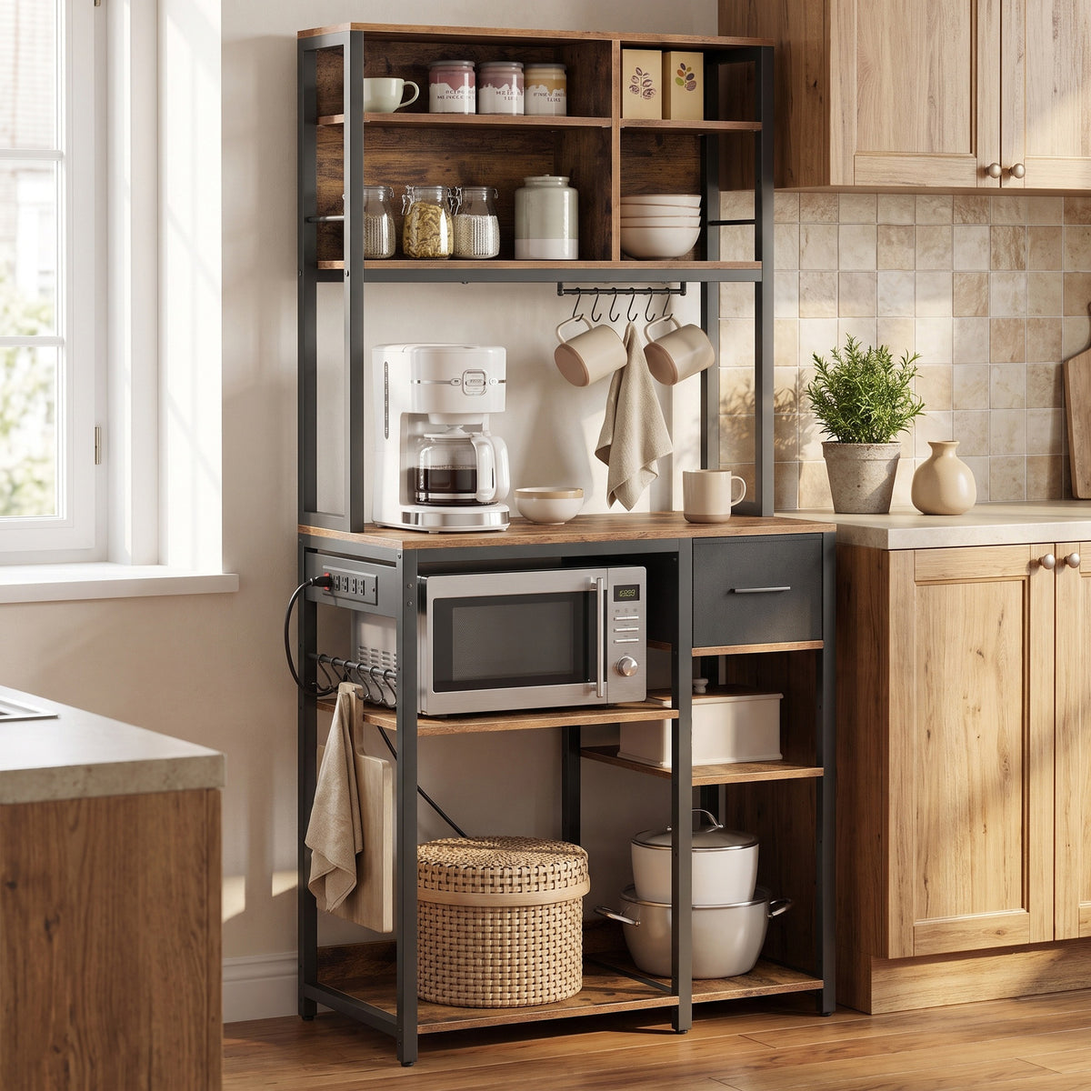 LEDREM Bakers Rack with Charging Station, Kitchen Coffee Bar Shelf, 4 Outlets, 12 Hooks & Fabric Drawer, Freestanding, Rustic Brown & White