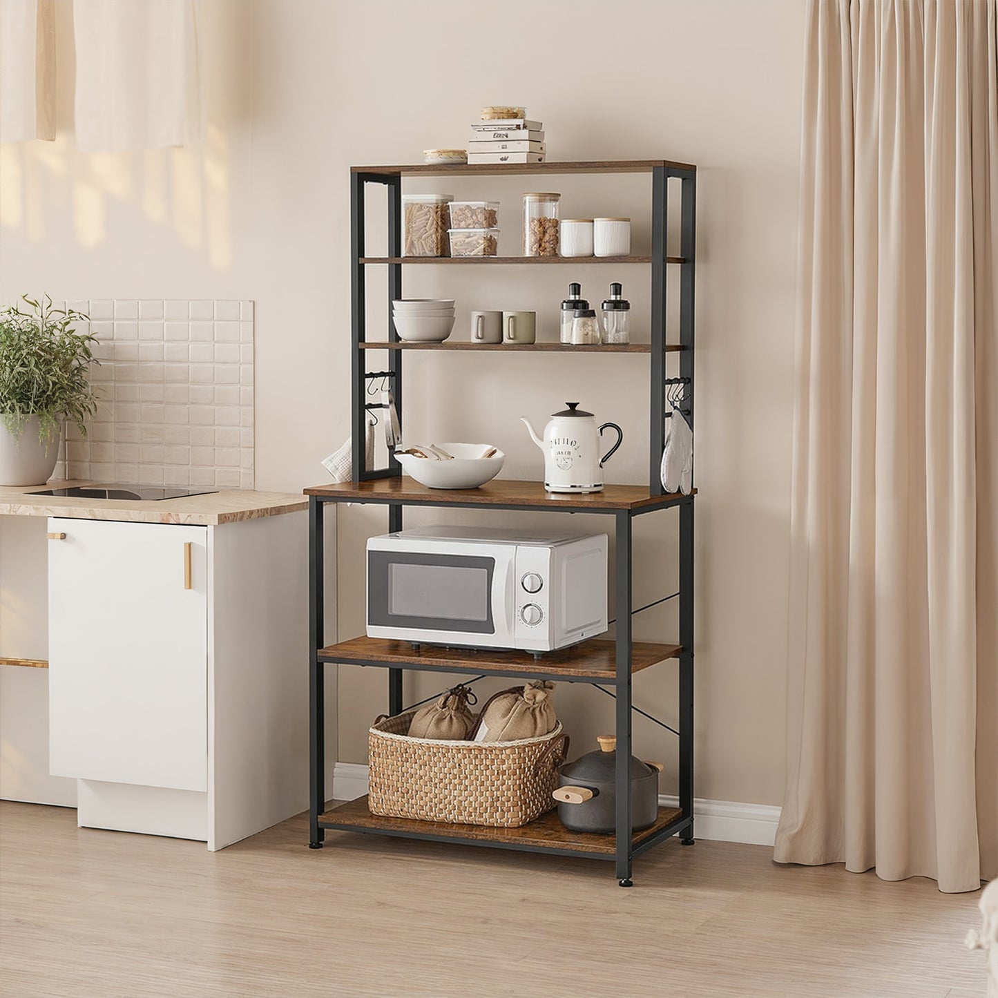 31.5" Coffee Bar & Kitchen Baker's Rack - 6-Tier Storage Shelf with Adjustable Shelf & Hooks, Rustic Brown and Black