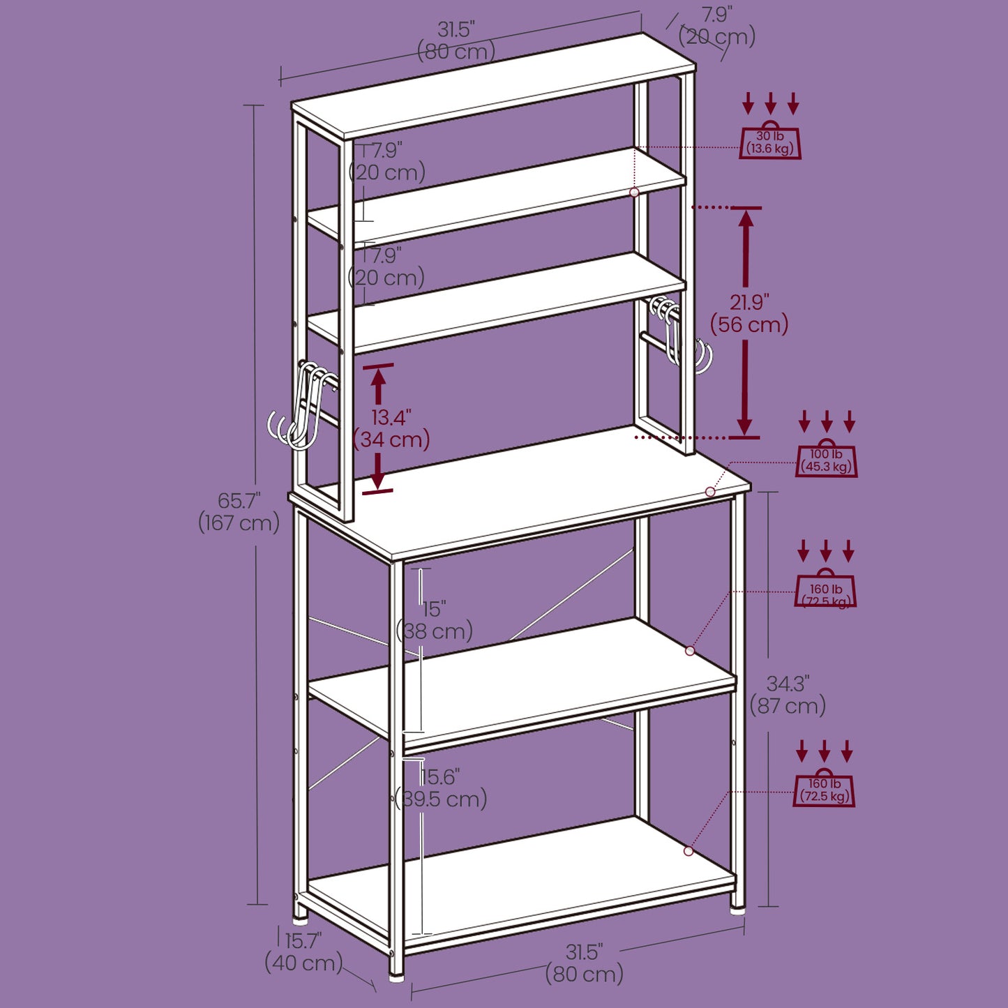 31.5" Coffee Bar & Kitchen Baker's Rack - 6-Tier Storage Shelf with Adjustable Shelf & Hooks, Rustic Brown and Black