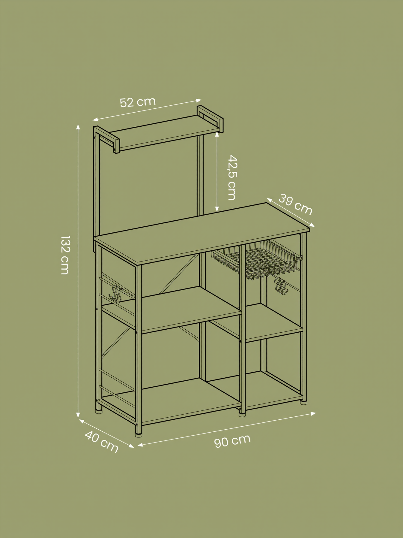 Baker's Rack with Wire Basket and Hooks, Microwave Stand and Kitchen Storage Rack for Pots and Spices, Golden Oak and Cloud White