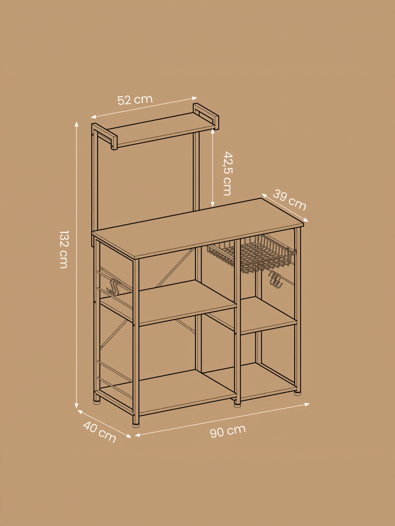 Baker's Rack with Wire Basket and Hooks, Microwave Stand and Kitchen Storage Rack for Pots and Spices, Rustic Brown and Ink Black