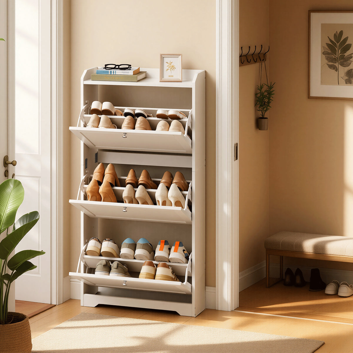 LEDREM Shoe Rack, Shoe Storage Cabinet, 3 Flip Drawers, Holds 12-20 Pairs, for Entryway, Cloud White