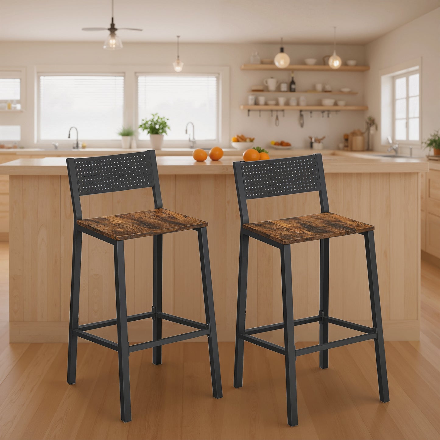 Set of 2 Industrial Bar Stools with Backrest, Tall Chairs for Kitchen Counter & Home Bar, 286lb Capacity, Rustic Brown and Black
