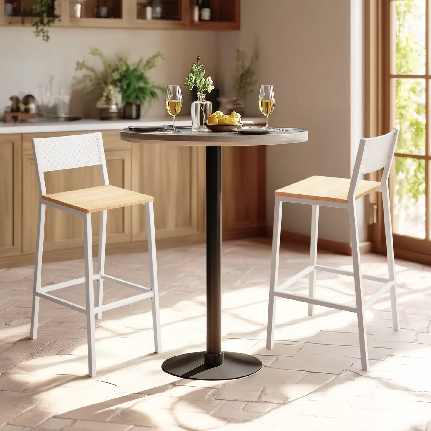 Set of 2 Industrial Bar Stools, 286 lb Capacity Kitchen Counter Stools with Footrest & Backrest, Oak Beige & White