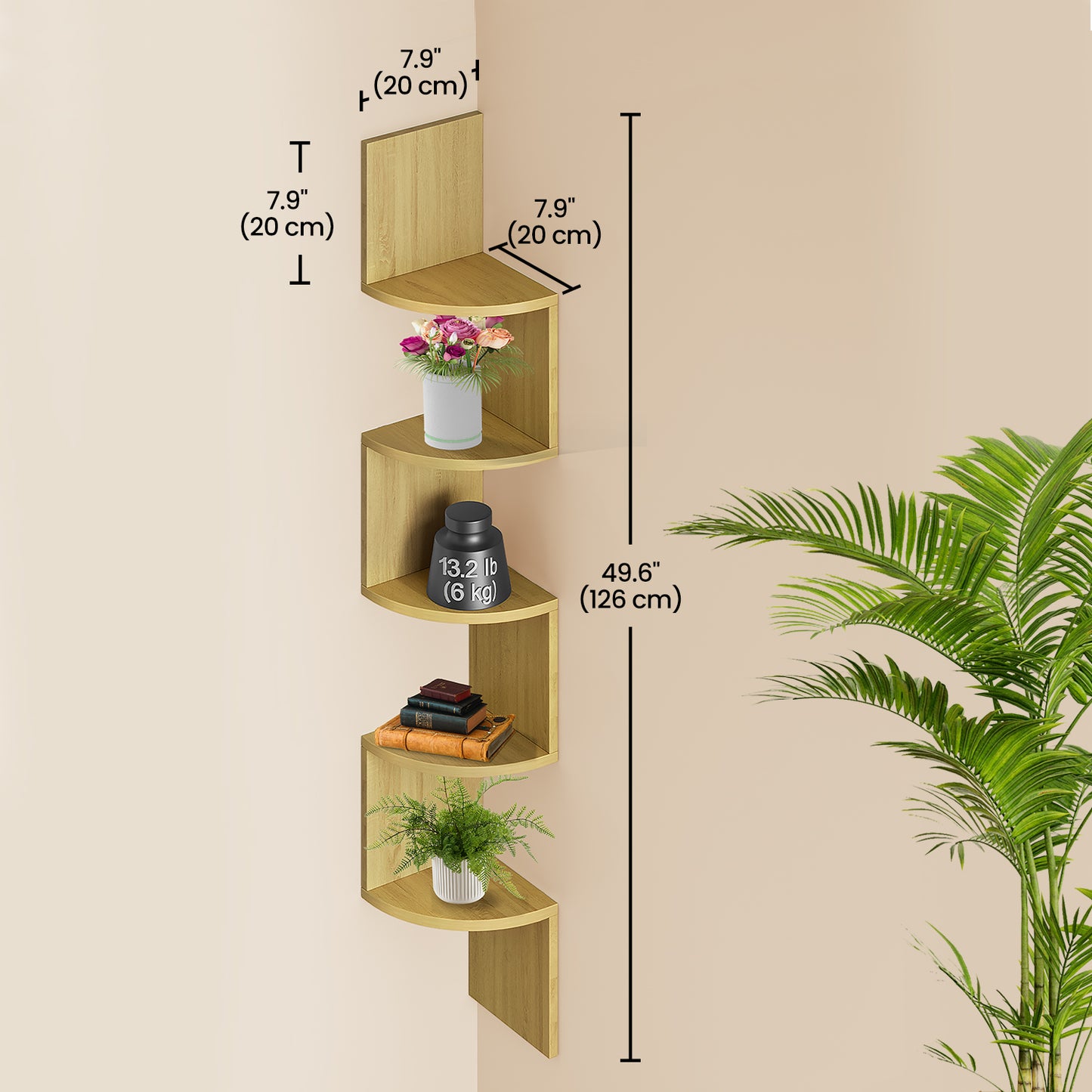 5-Tier Wall Mounted Corner Shelf, Floating Bookshelf with Zigzag Design for Bedroom, Living Room, Space Saving, Yellow