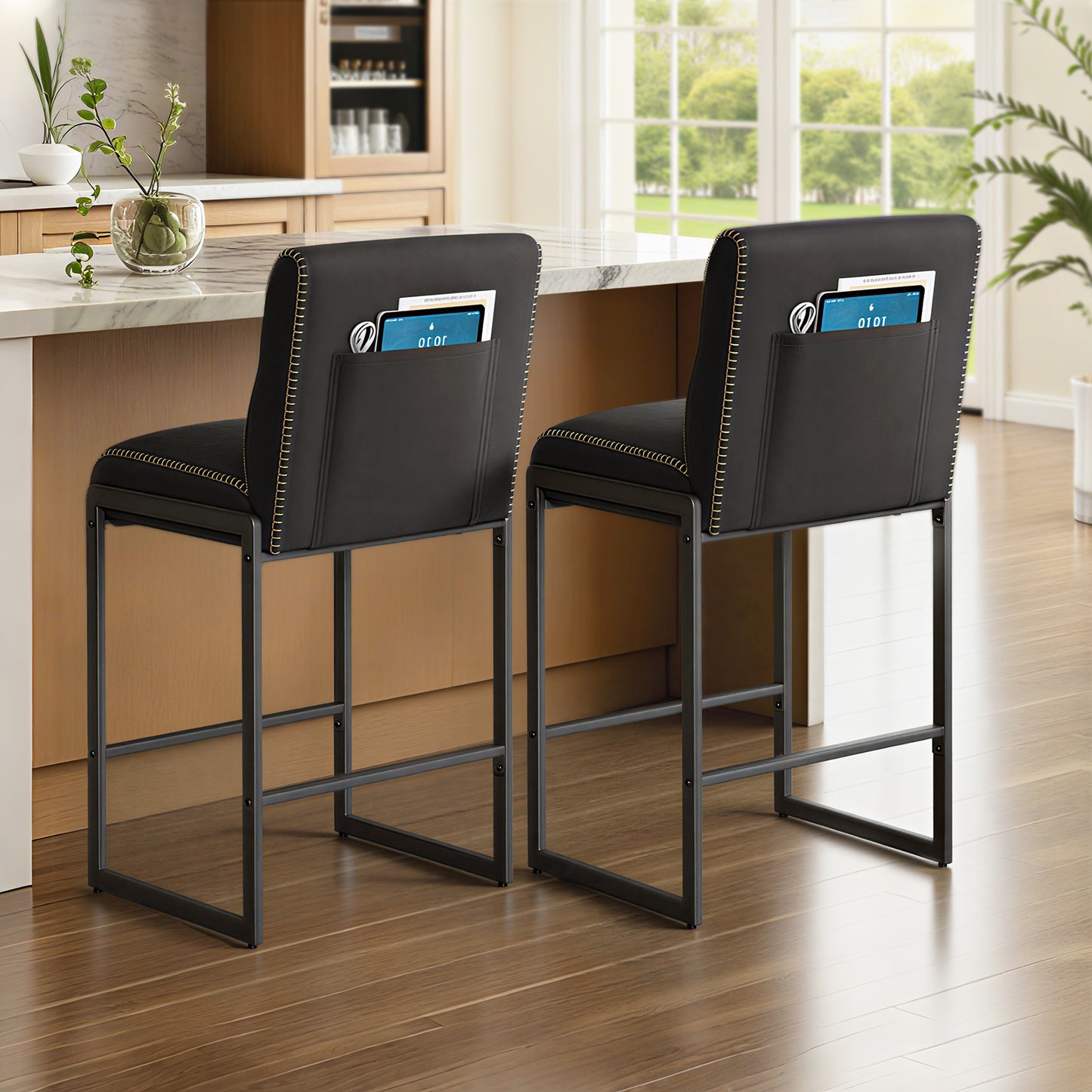 Bar Stools Set of 2, Counter Height Dining Chairs with Backs & Ergonomic Seat, Mid-Century Modern with Synthetic Leather Stitching, Integrated Back Pocket, Ink Black