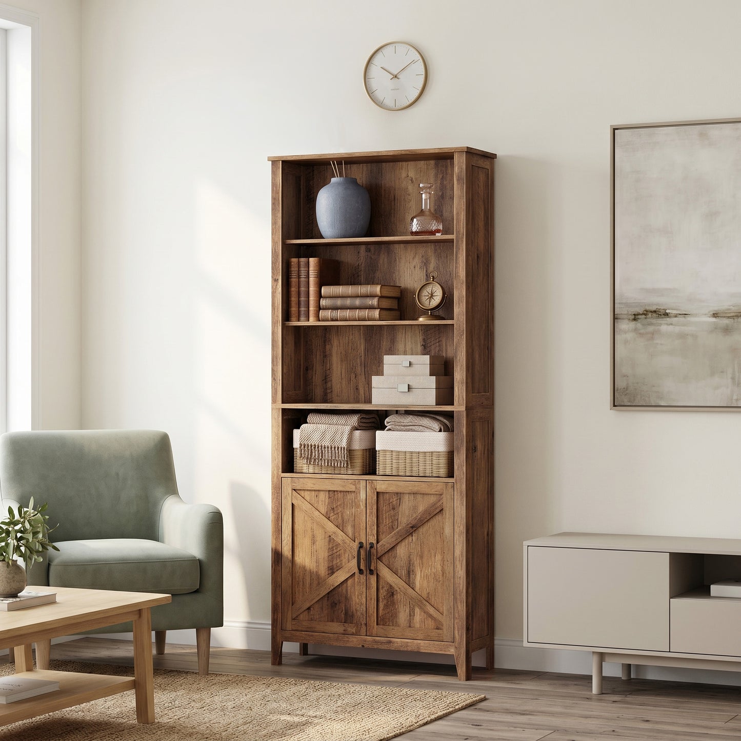 Farmhouse Tall Bookcase with Cabinet Doors and Open Shelves, 24.8 x 10 x 70.7 Inches, Warm Brown