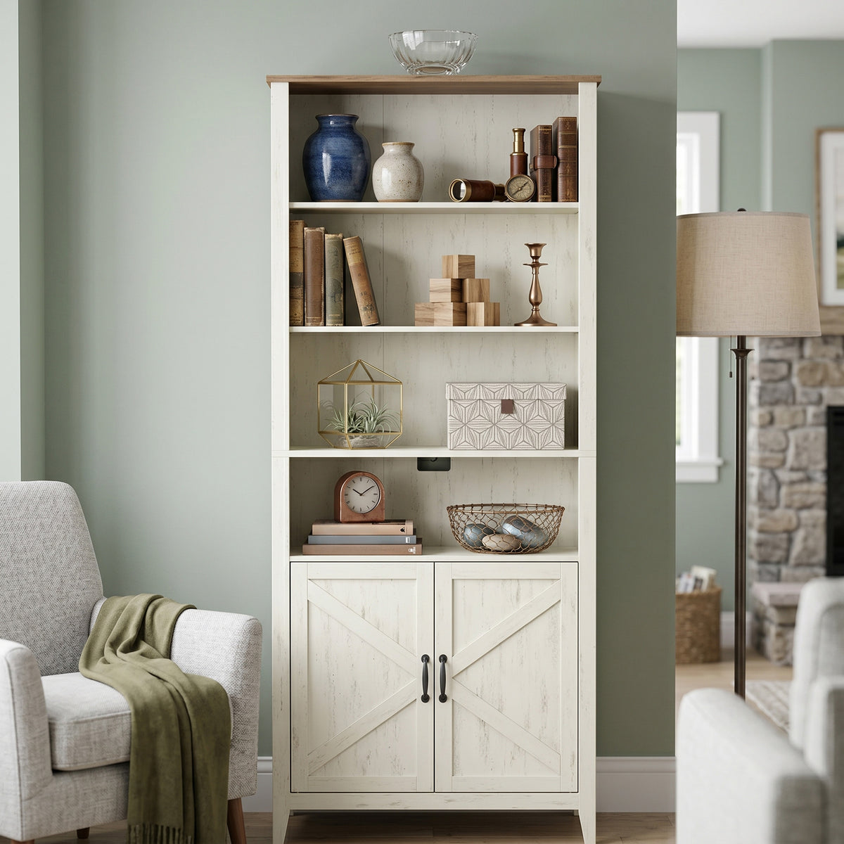 Farmhouse Tall Bookcase with Cabinet Doors and Open Shelves, 24.8 x 10 x 70.7 Inches, White