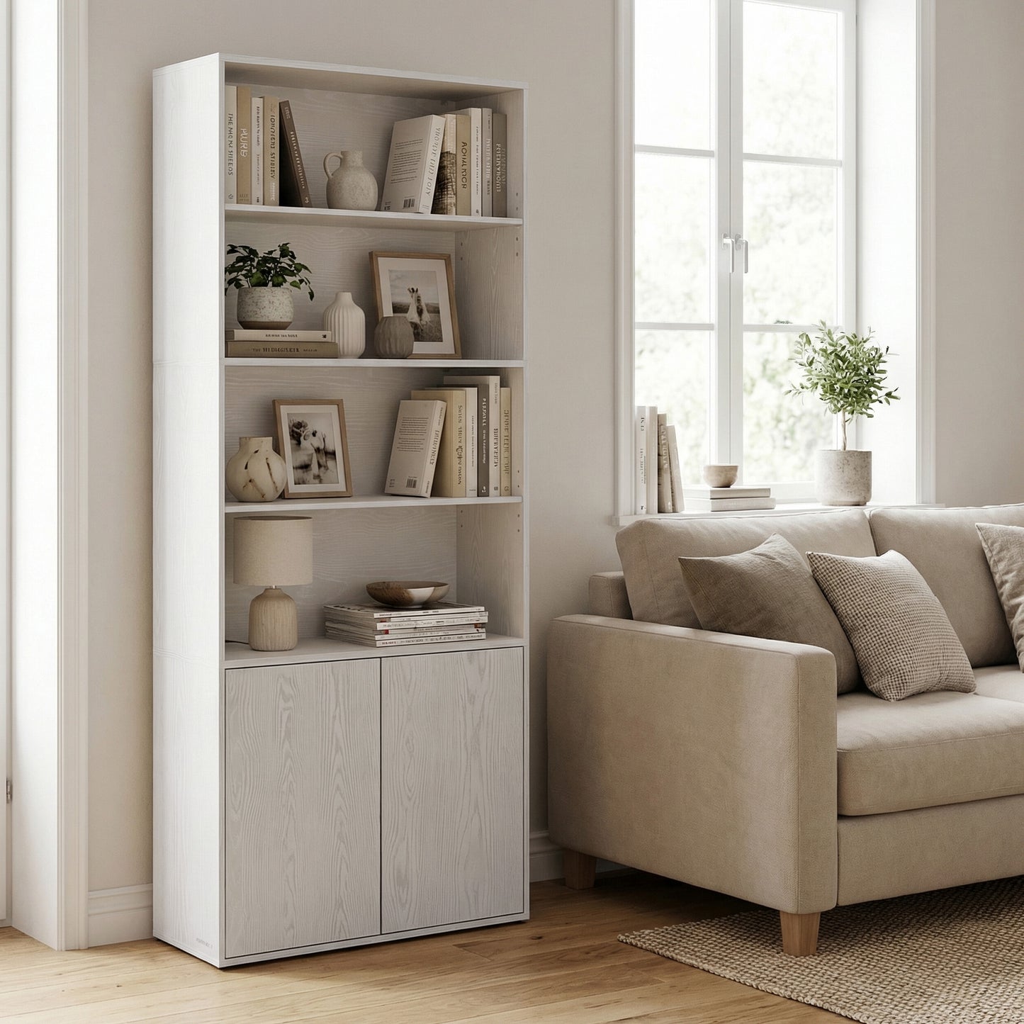 Tall Bookcase, Superfast Toolless Assembly, 6-Tier Book Shelf with Door, for Living Room Bedroom, White