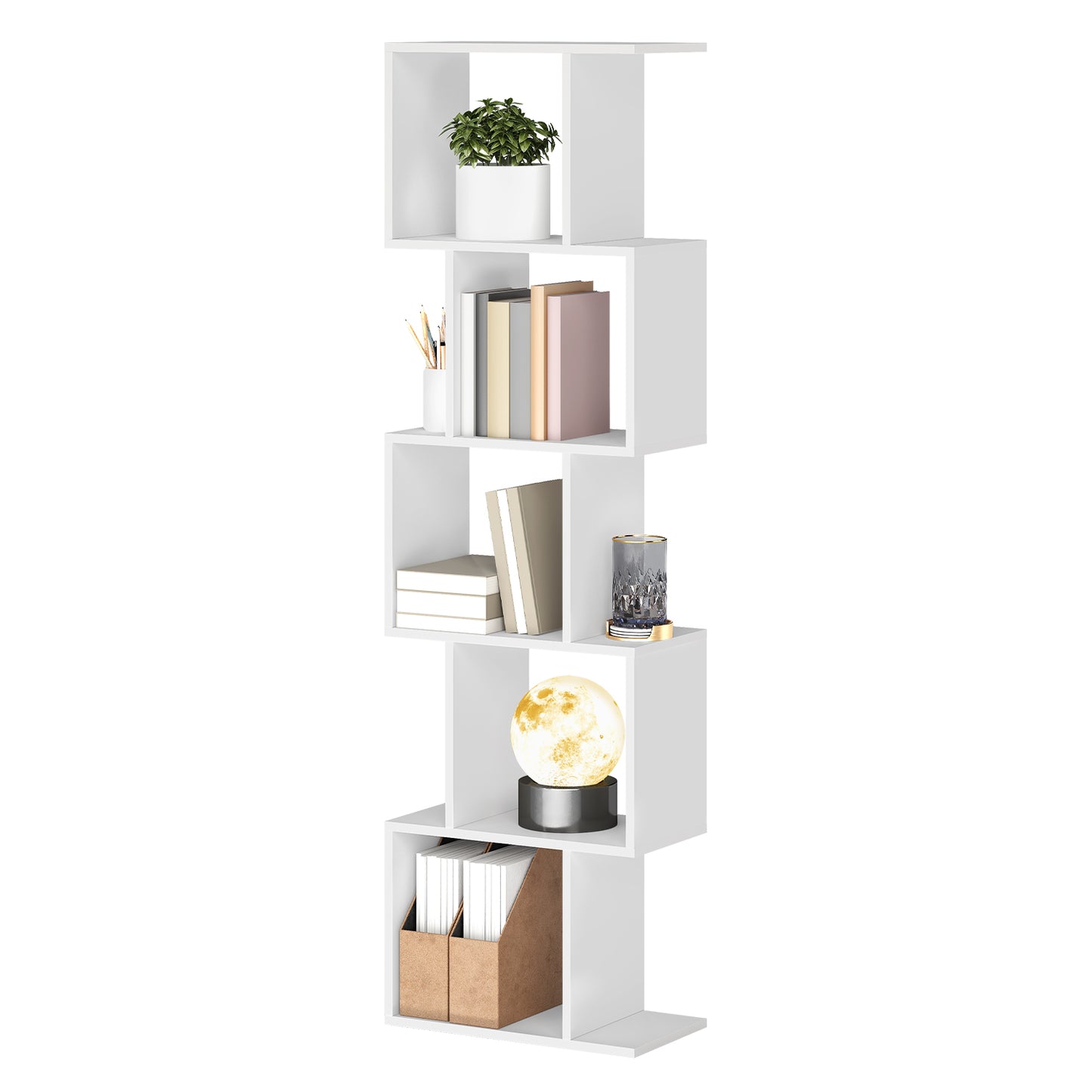 5-Tier S-Shaped Bookshelf with Open Compartments, Modern Storage Bookcase for Living Room Bedroom Office, Matte White