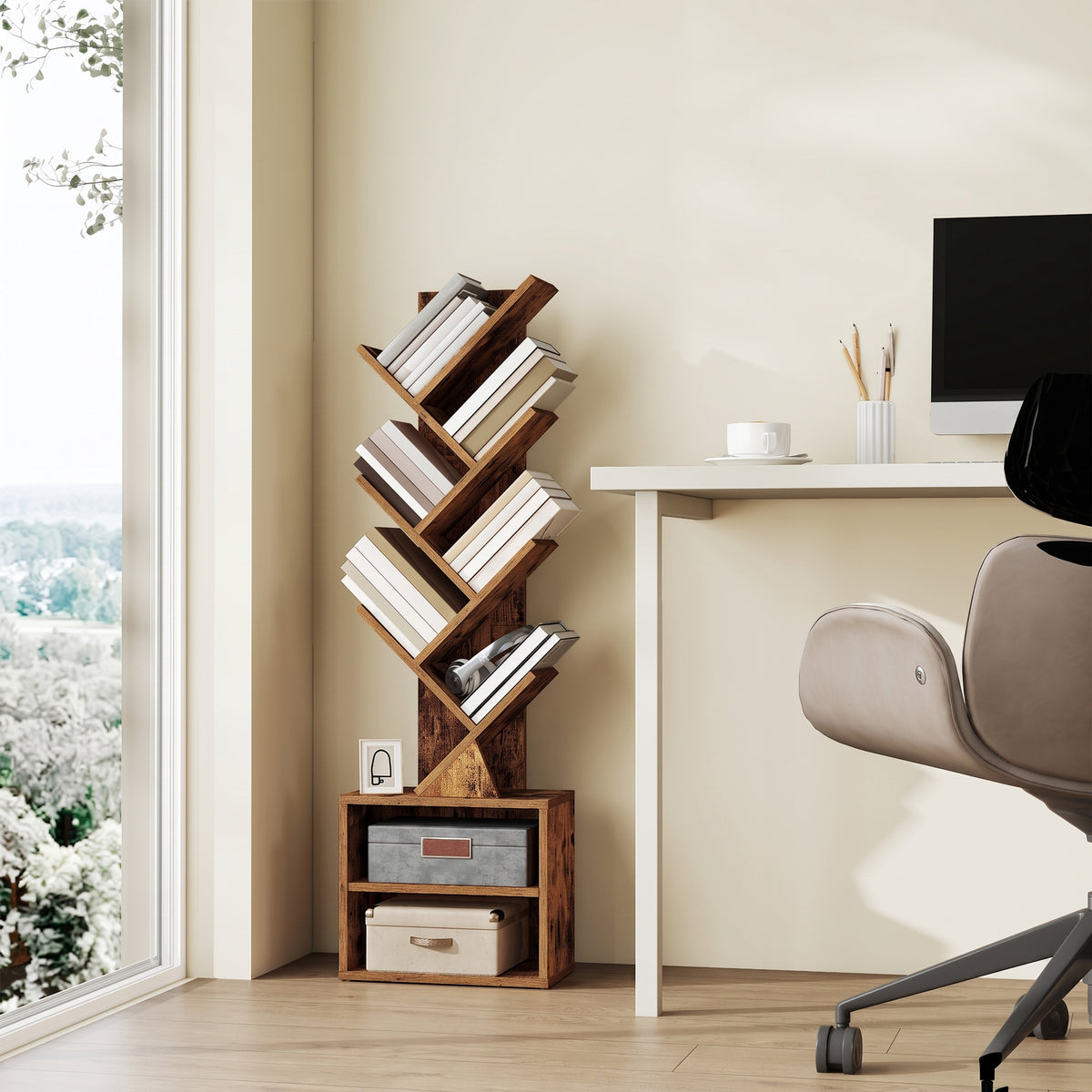 LEDREM 9-Tier Bookcase, Space-Saving Corner Shelf, Floor Standing Bookshelf for Home Office, Bedroom, Living Room, Tan