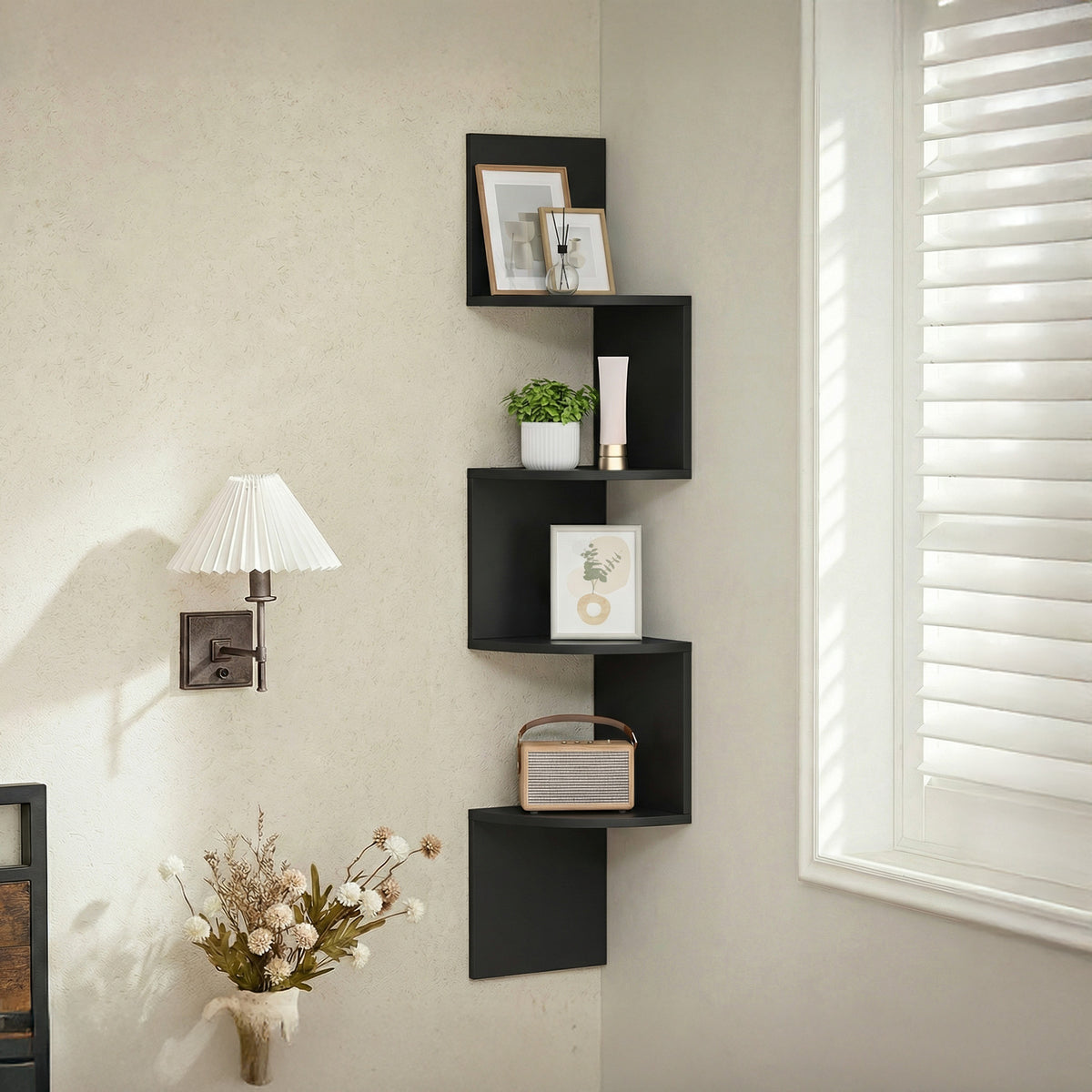 Set of 2 Wall-Mounted Corner Shelves, 4-Tier Floating Bookshelves, Zigzag Design for Bedroom Living Room Bathroom Home Office, Ink Black