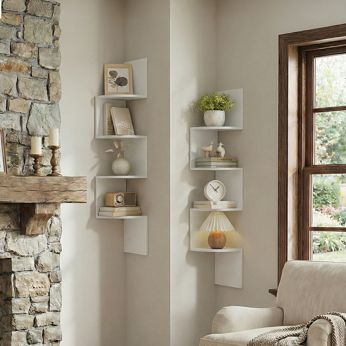 Set of 2 Wall-Mounted Corner Shelves, 4-Tier Floating Bookshelves, Zigzag Design for Bedroom Living Room Bathroom Home Office, Cloud White