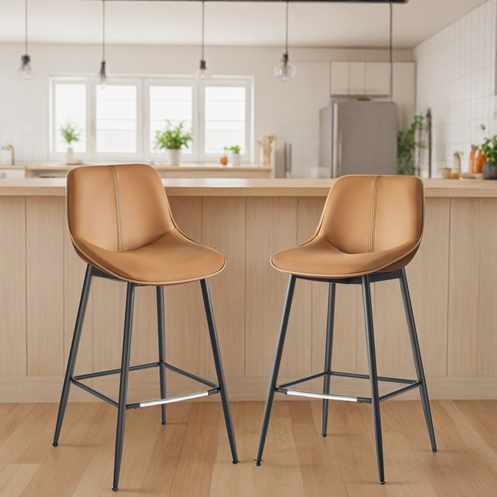 Set of 2 Modern Bar Stools with Padded Backrest, Sturdy Metal Frame & Synthetic Leather Seat, 28.7-Inch Counter Height, Caramel Brown