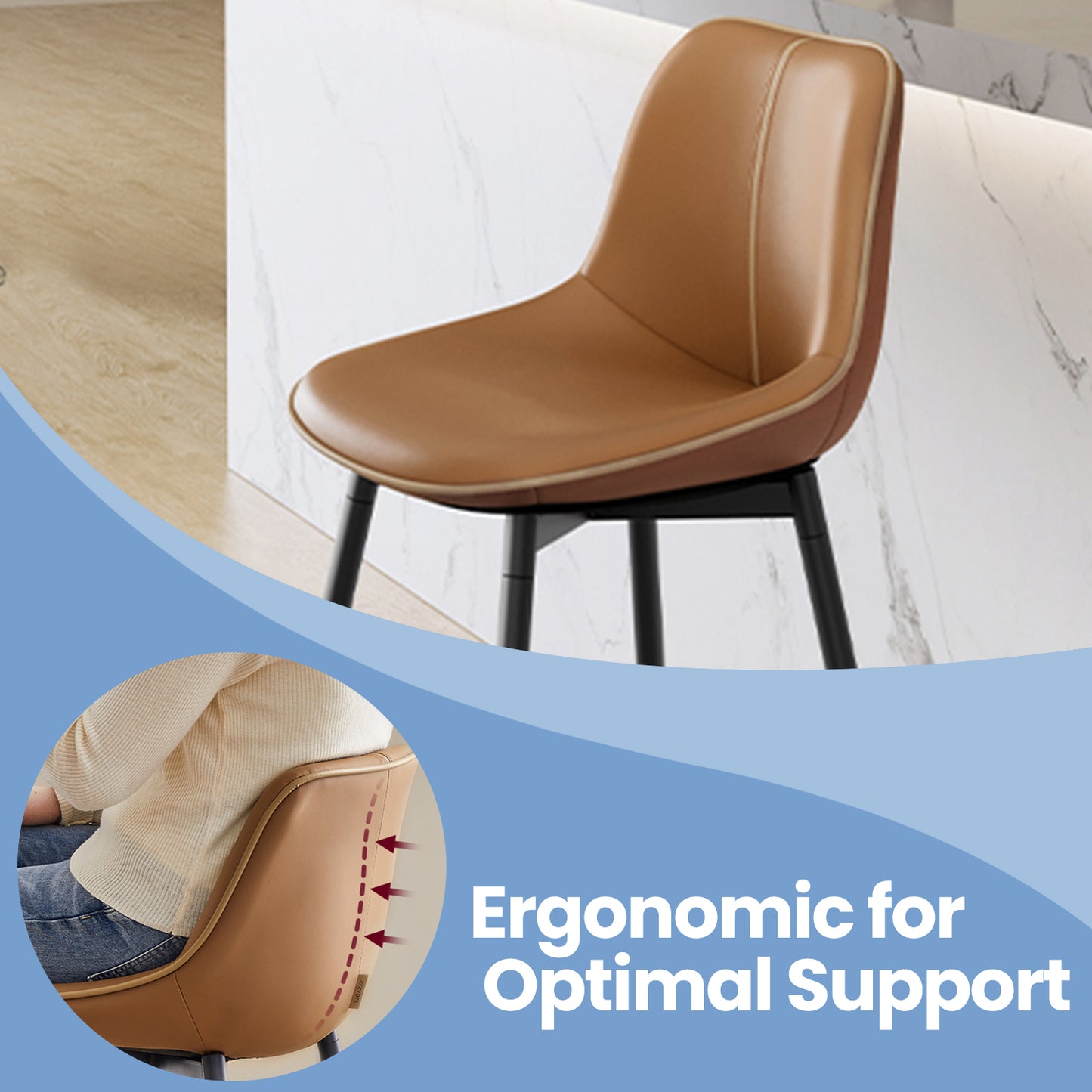 Set of 2 Modern Bar Stools with Padded Backrest, Sturdy Metal Frame & Synthetic Leather Seat, 28.7-Inch Counter Height, Caramel Brown