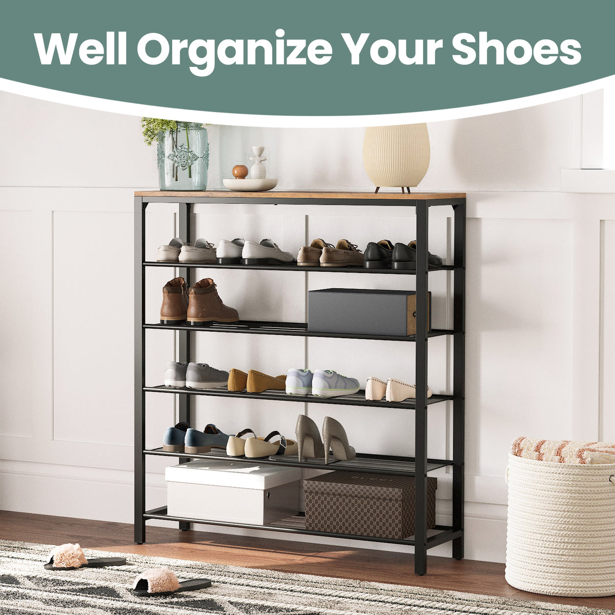 LEDREM 6 Tier Industrial Shoe Rack for Entryway, Steel, Particleboard Storage Organizer, 38.6 x 11.8 x 44.1 Inches, Tan and Black