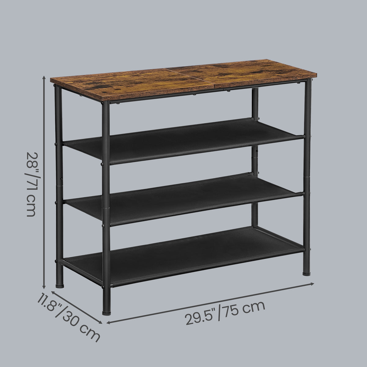 LEDREM Shoe Rack, 4-Tier Narrow Entryway Organizer with Wooden Top, 29.5 x 11.8 x 28 Inches, Rustic Brown and Black
