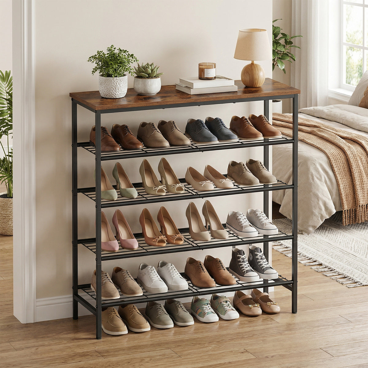 LEDREM 5-Tier Shoe Rack, Free-Standing Shoe Storage Rack, for Closet, Entryway, Living Room, Metal Organizer, Brown and Black