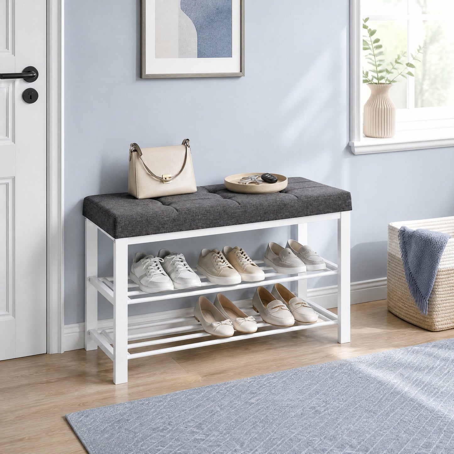 Entryway Bench, Shoe Storage Bench with Cushion, for Entryway, Bedroom, Gray and Black