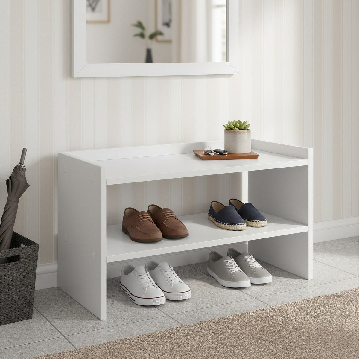LEDREM Stackable 2-Tier Shoe Organizer Shelf for Entryway, Closet, 11.7 x 24.4 x 14.2 Inches, White