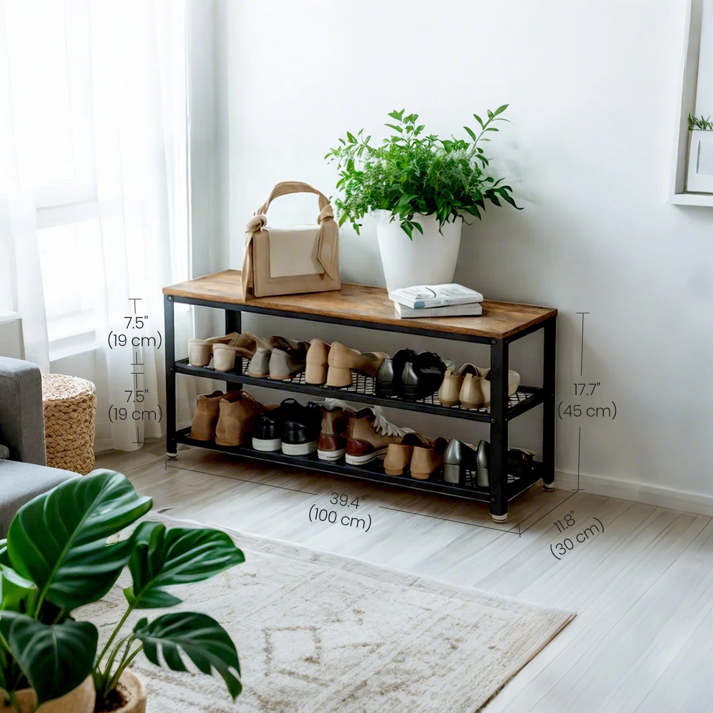 3-Tier Shoe Rack Bench, Free Standing Shoe Organizer with Metal Mesh Shelves & Seat, 39.4 Inch, Rustic Brown & Black