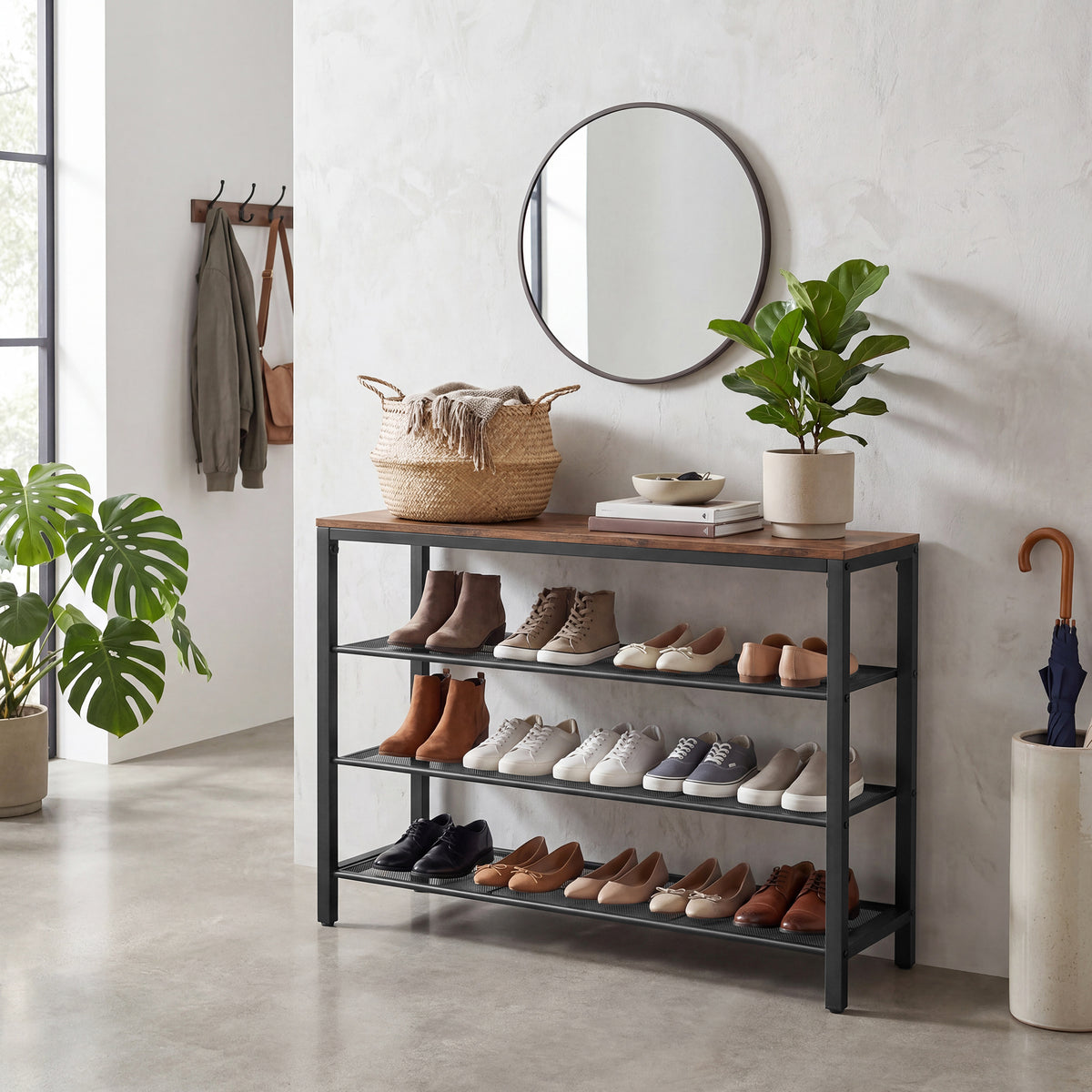 LEDREM 4 Tier Industrial Shoe Rack for Entryway, Steel Storage Organizer, 39.4 x 11.8 x 28.4 Inches, Rustic Brown and Black
