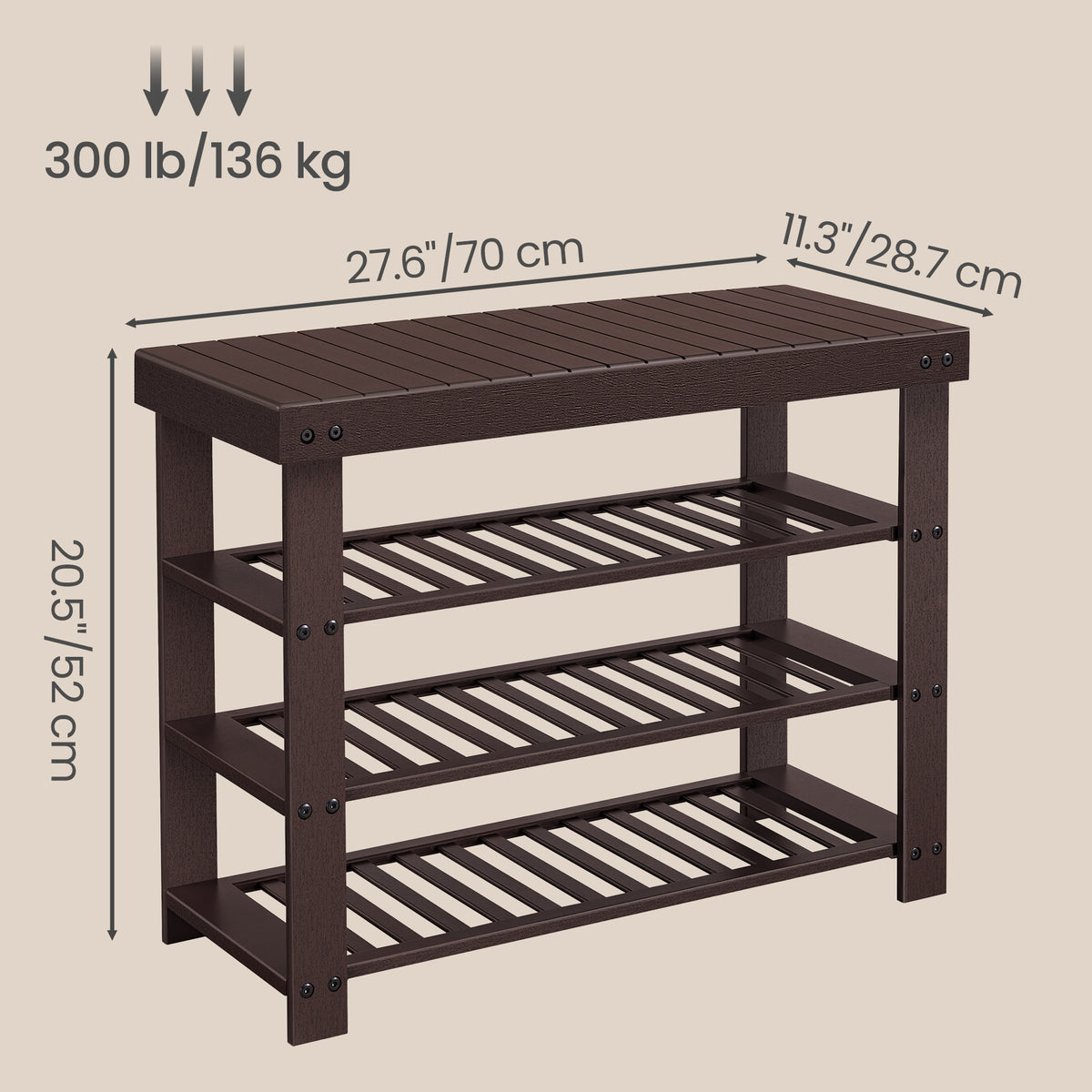 LEDREM Bamboo Shoe Bench, 4-Tier Entryway Storage Bench, 27.6 x 11.3 x 20.5 Inches, Rustic Walnut