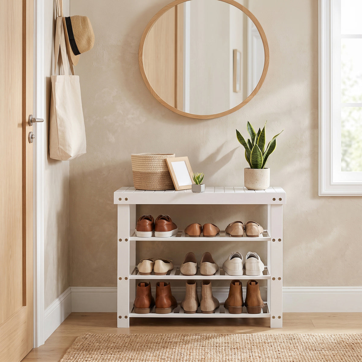 LEDREM Bamboo Shoe Bench, 4-Tier Entryway Storage Bench, 27.6 x 11.3 x 20.5 Inches, Cloud White