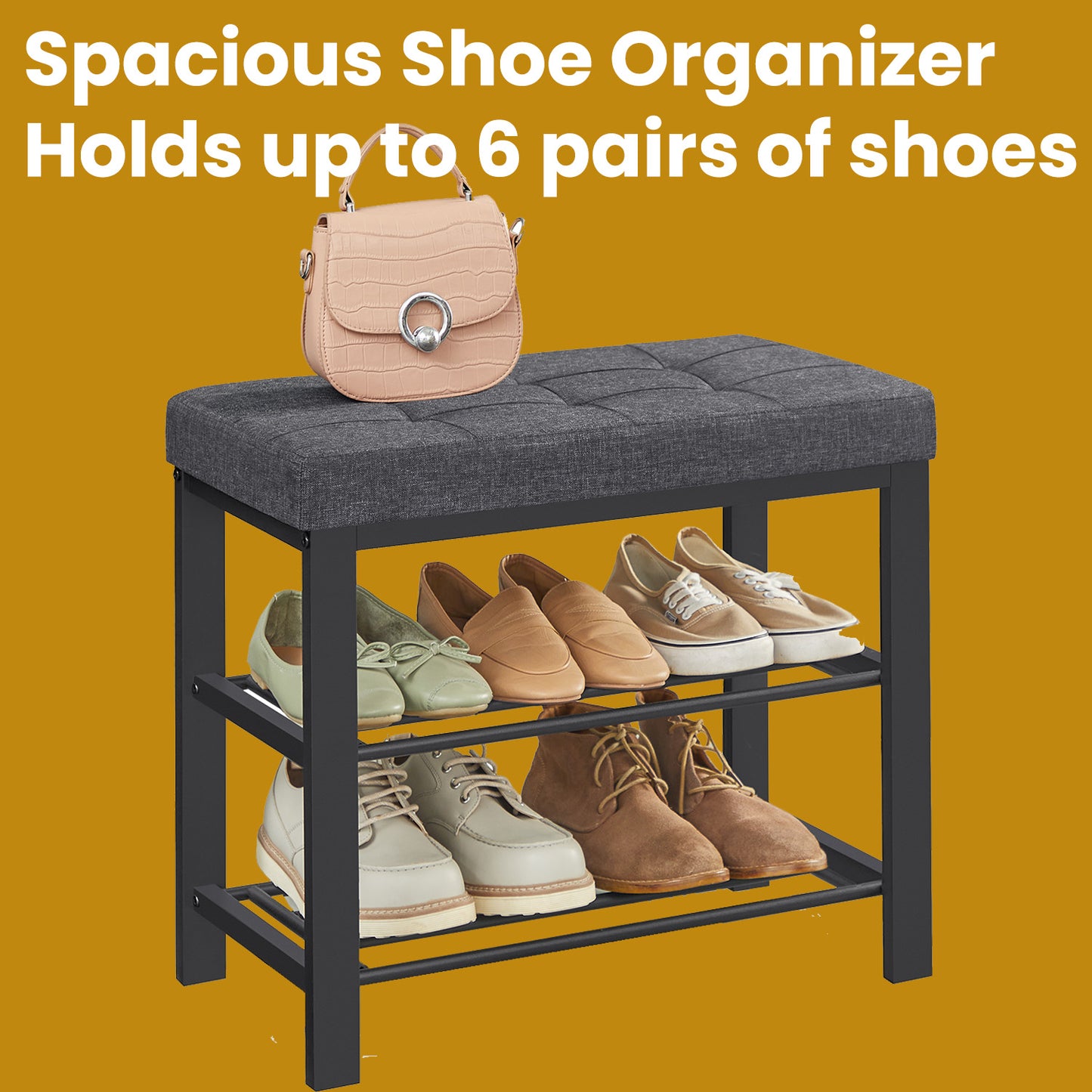 Storage Bench with Cushioned Seat, 2-Tier Shoe Rack for Entryway Hallway Bedroom, Holds 6 Pairs, 300lb Capacity, Easy Assembly,Gray and Black