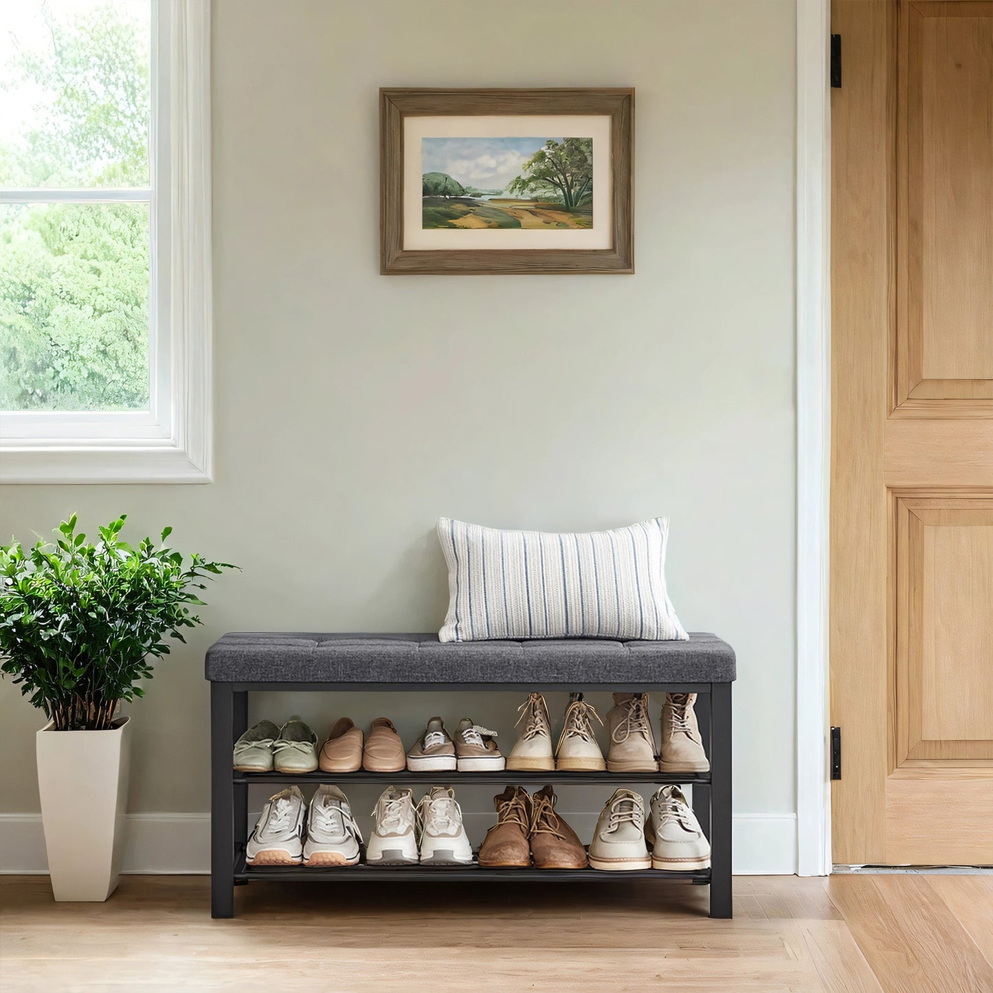 2-Tier Storage Bench with Premium Cushion, 300lb Capacity Shoe Organizer & Seat, Holds 10 Pairs, Quick Assembly, Dark Gray and Ink Black