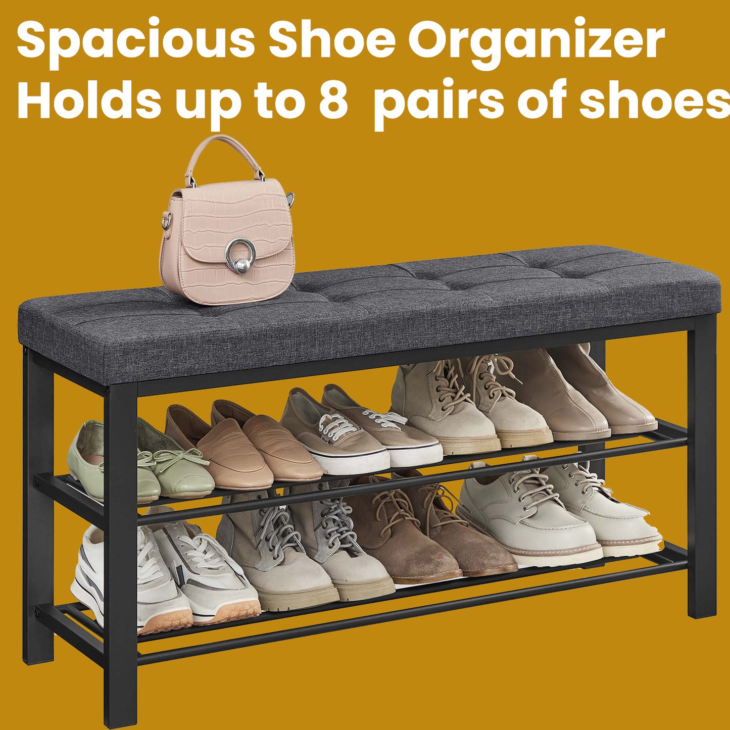 2-Tier Storage Bench with Premium Cushion, 300lb Capacity Shoe Organizer & Seat, Holds 10 Pairs, Quick Assembly, Dark Gray and Ink Black