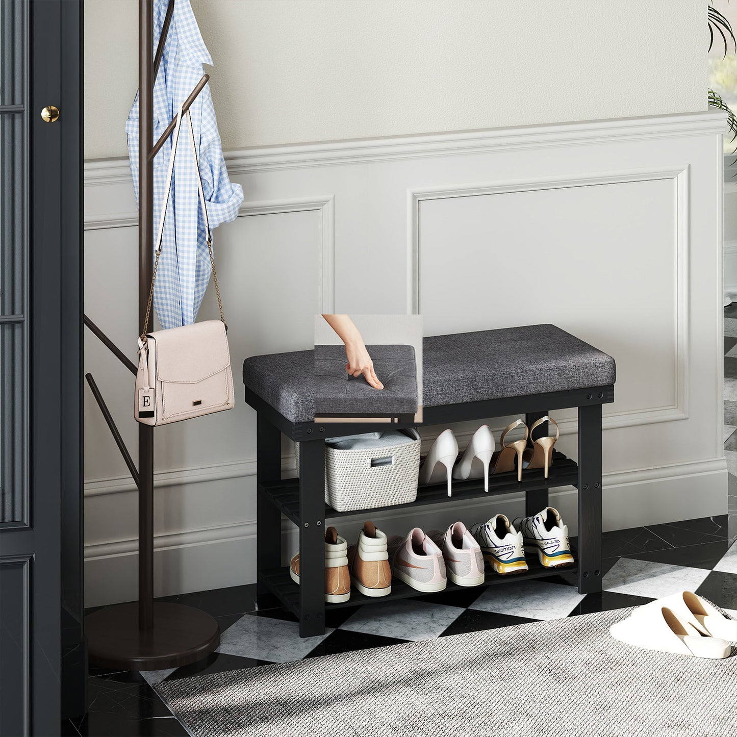 Bamboo Shoe Bench - 3-Tier Shoe Rack Organizer with Padded Seat, 330lb Capacity, Entryway Storage, Black and Gray