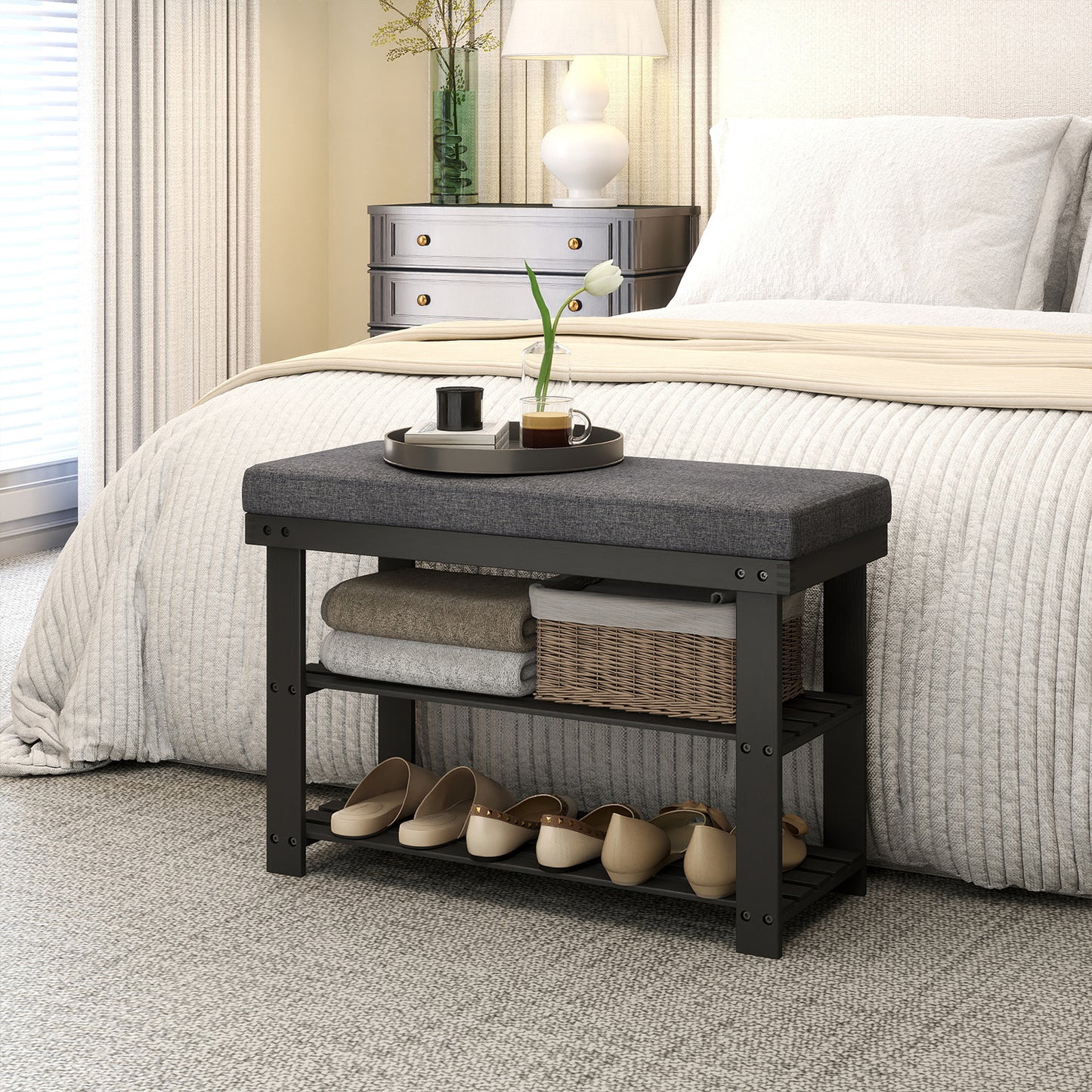 Bamboo Shoe Bench - 3-Tier Shoe Rack Organizer with Padded Seat, 330lb Capacity, Entryway Storage, Black and Gray